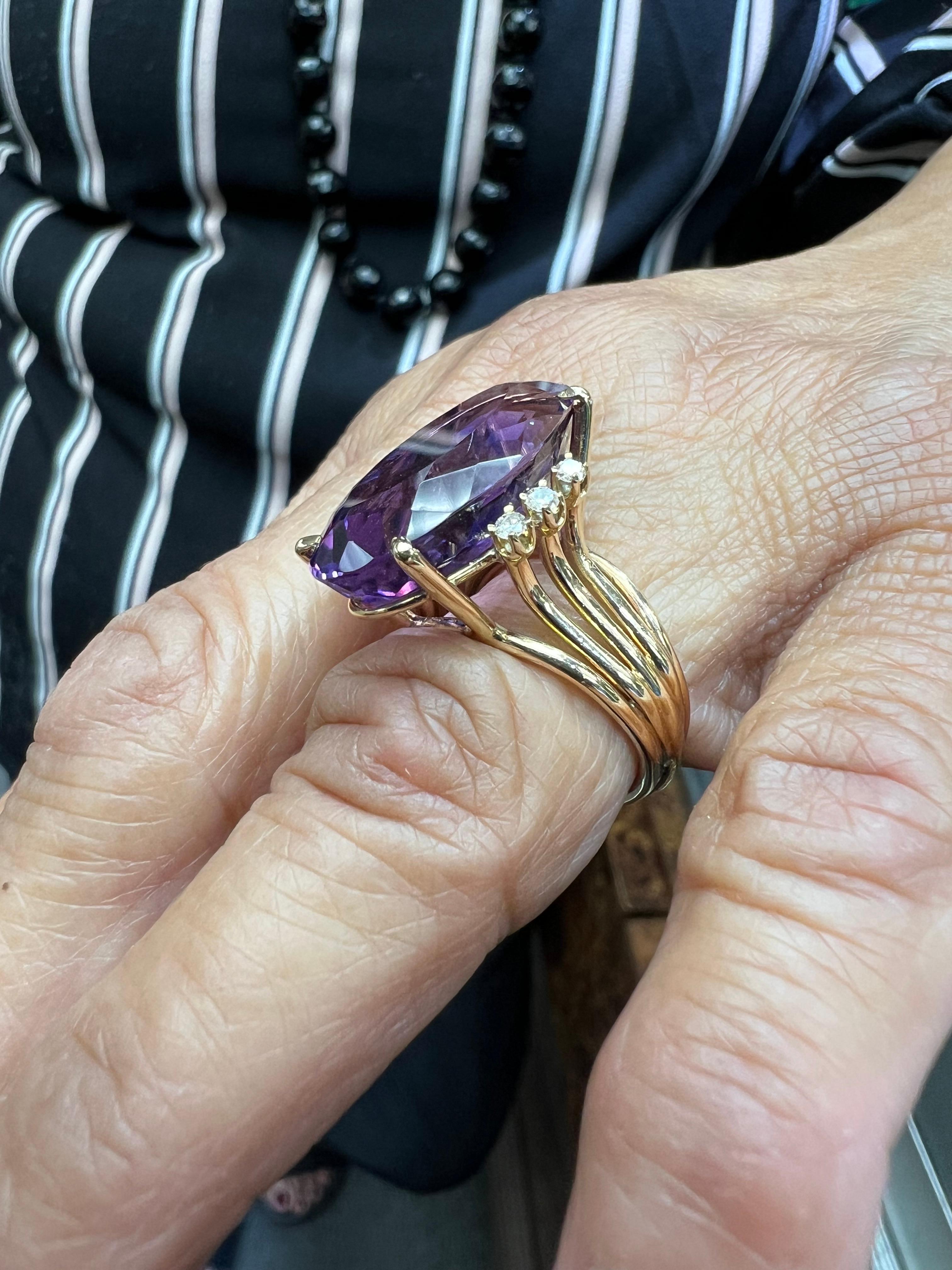 Modern 1970s Amethyst Diamond Yellow Gold Cocktail Ring For Sale