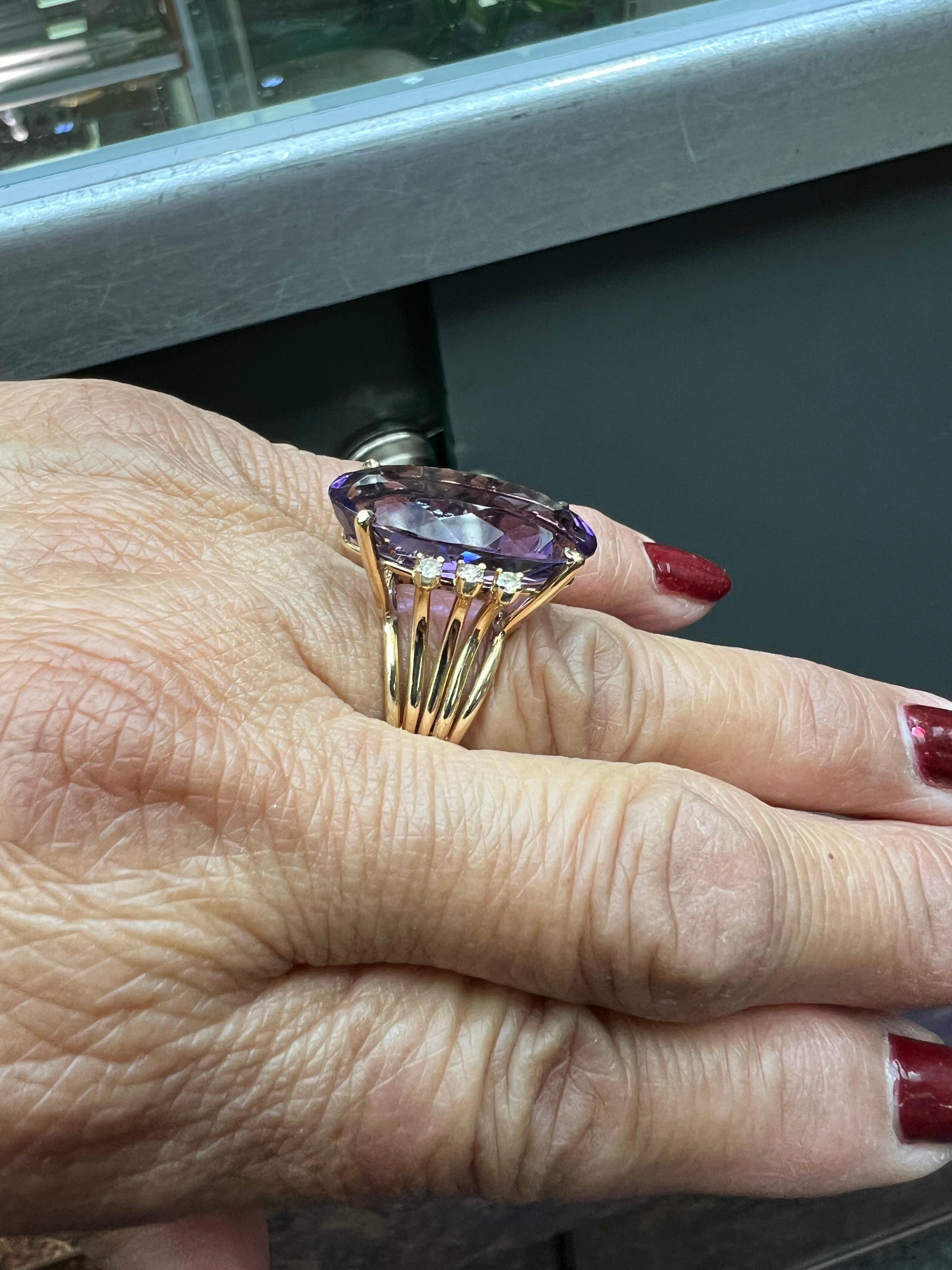 Oval Cut 1970s Amethyst Diamond Yellow Gold Cocktail Ring For Sale