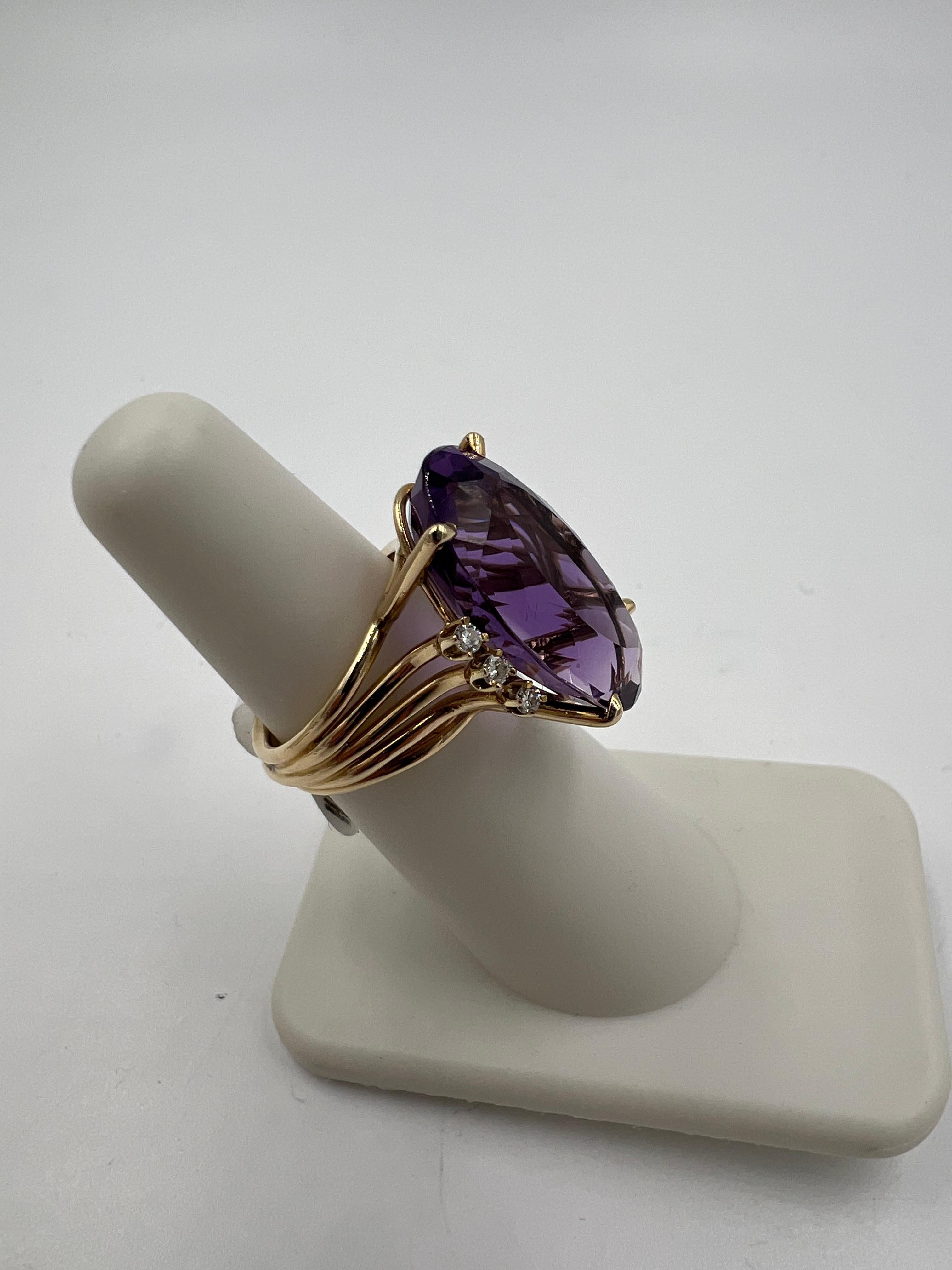 Women's or Men's 1970s Amethyst Diamond Yellow Gold Cocktail Ring For Sale