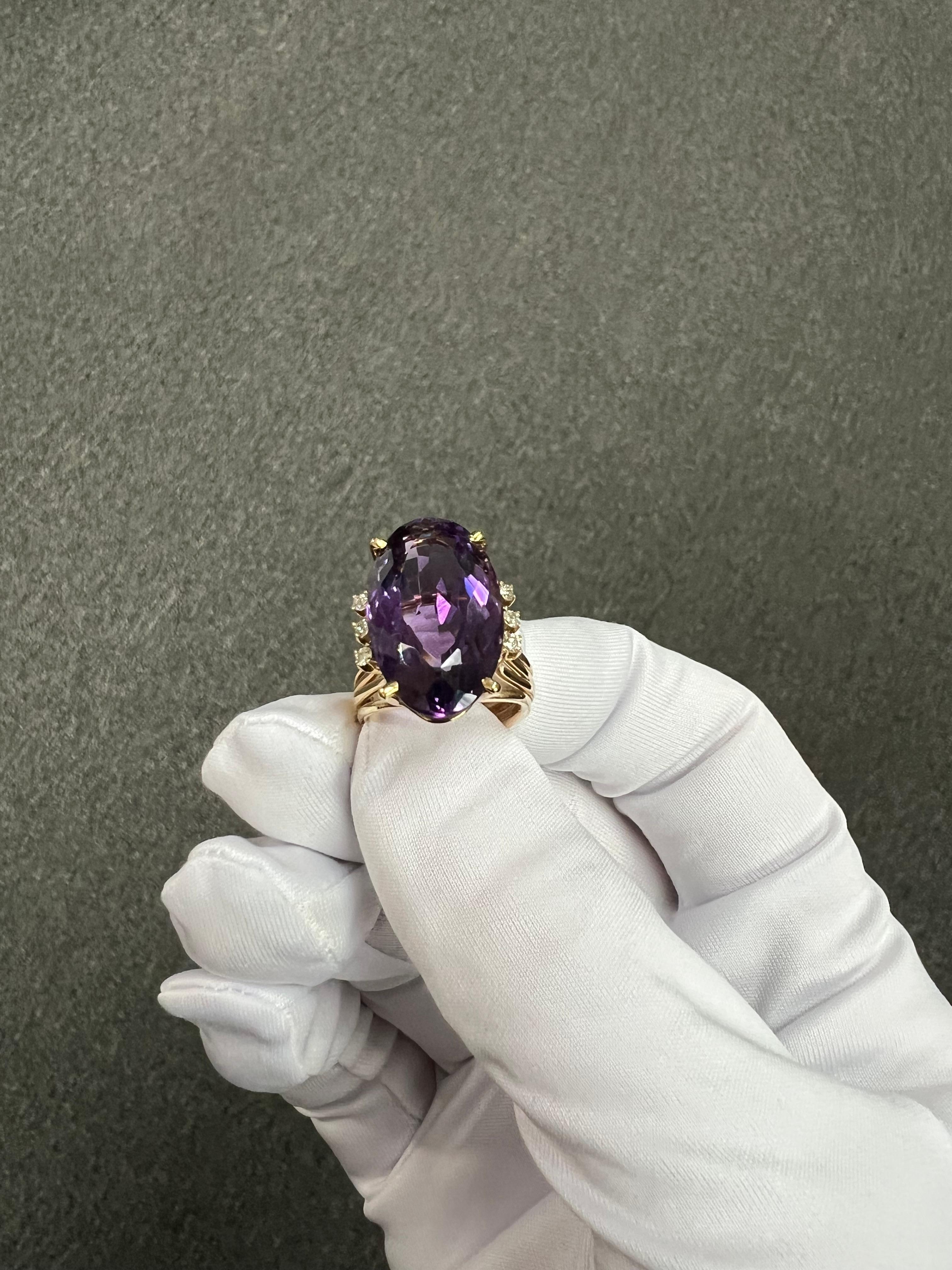1970s Amethyst Diamond Yellow Gold Cocktail Ring For Sale 3