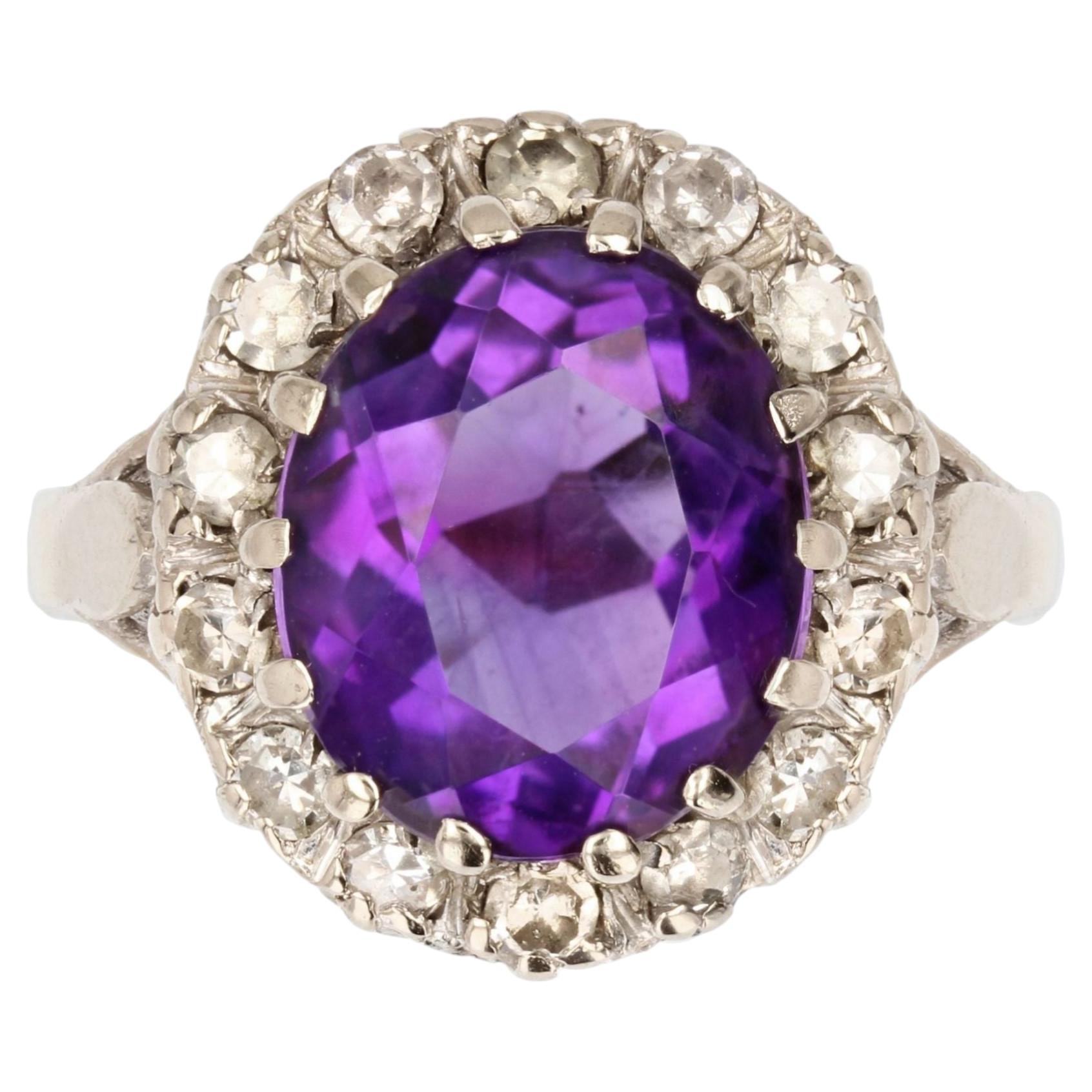 1970s Amethyst Diamonds 18 Karat White Gold Ring