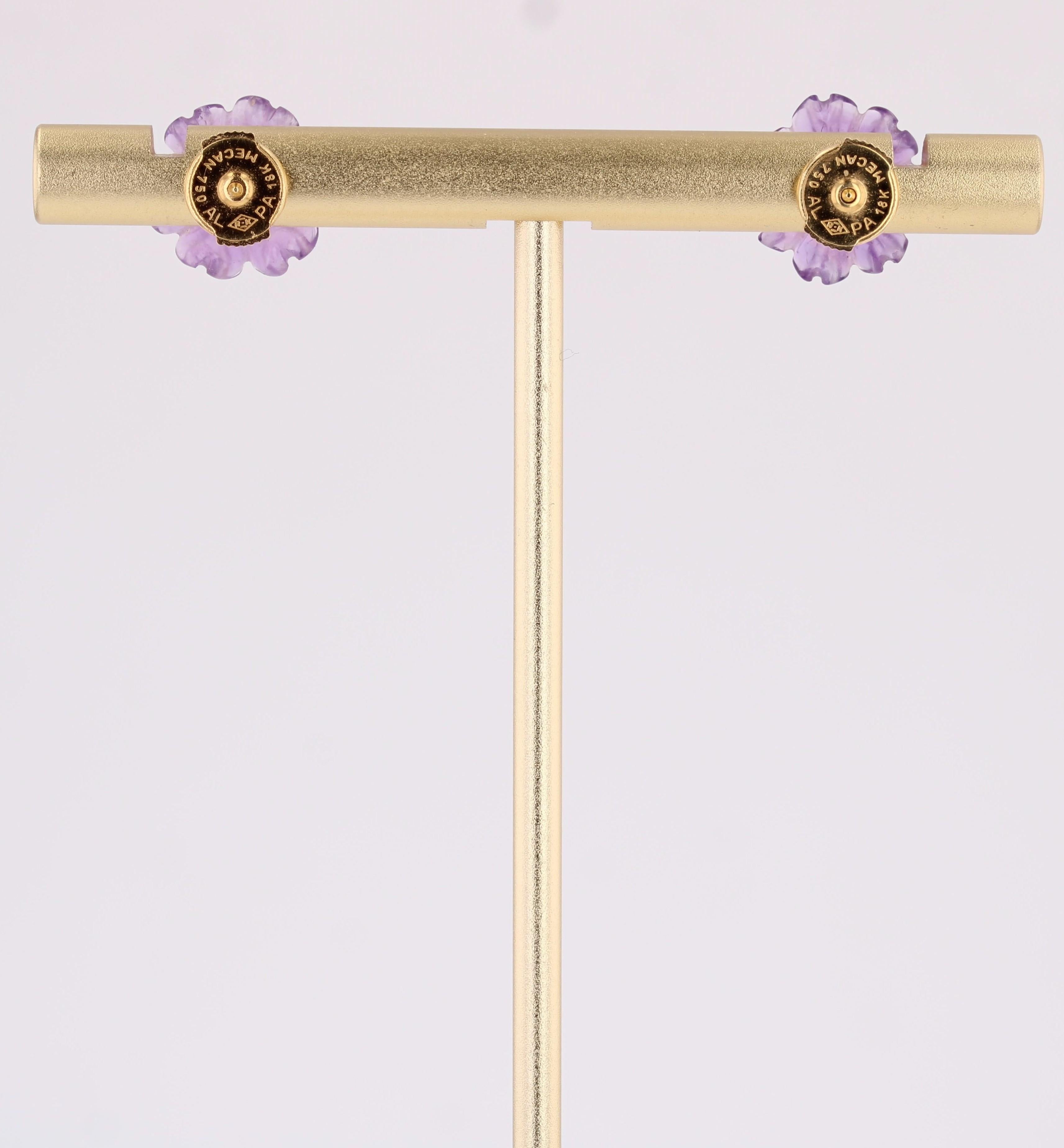 Orecchini a fiore in oro giallo 18 carati con diamanti e ametista del 1970 in vendita 5