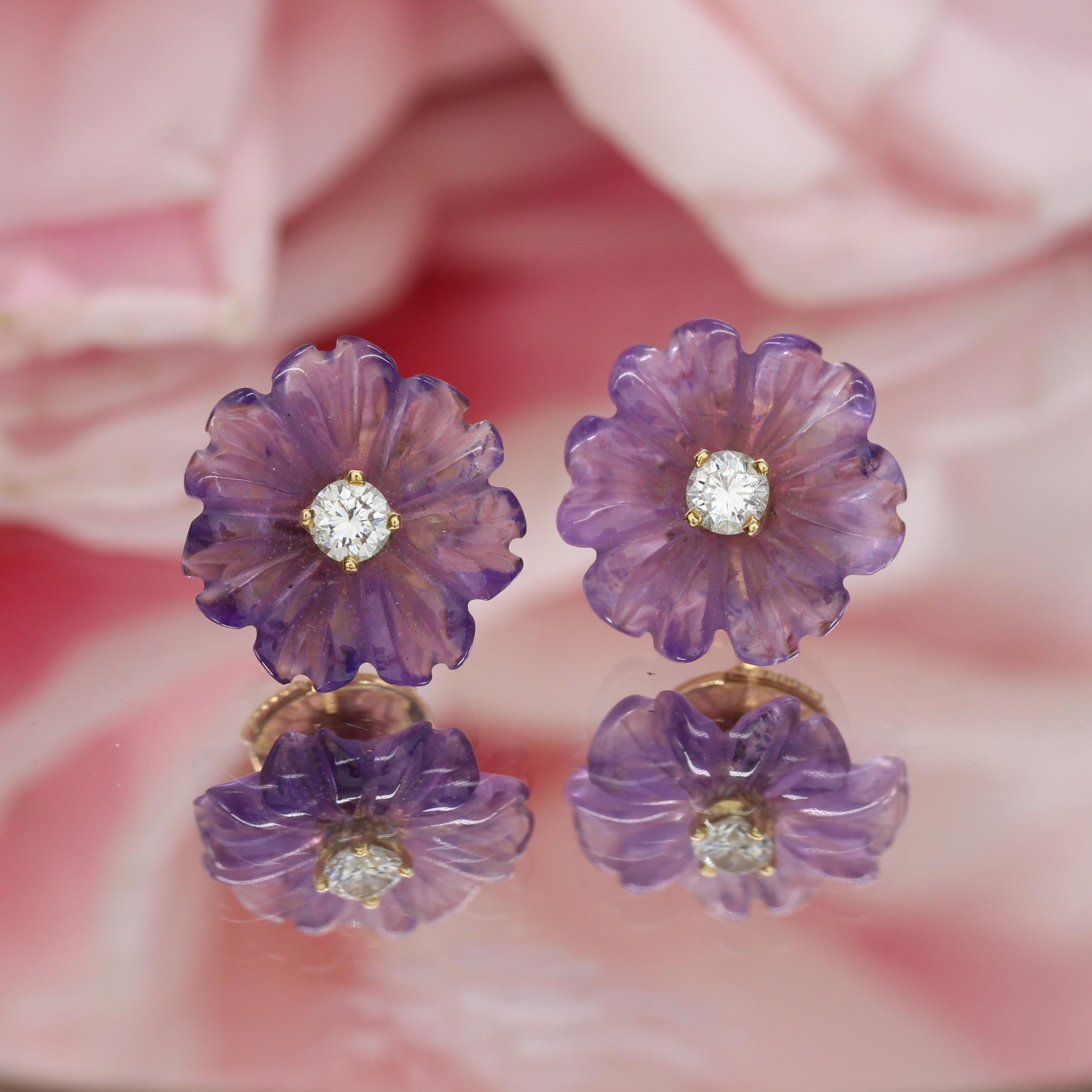 Rétro Orecchini a fiore in oro giallo 18 carati con diamanti e ametista del 1970 in vendita
