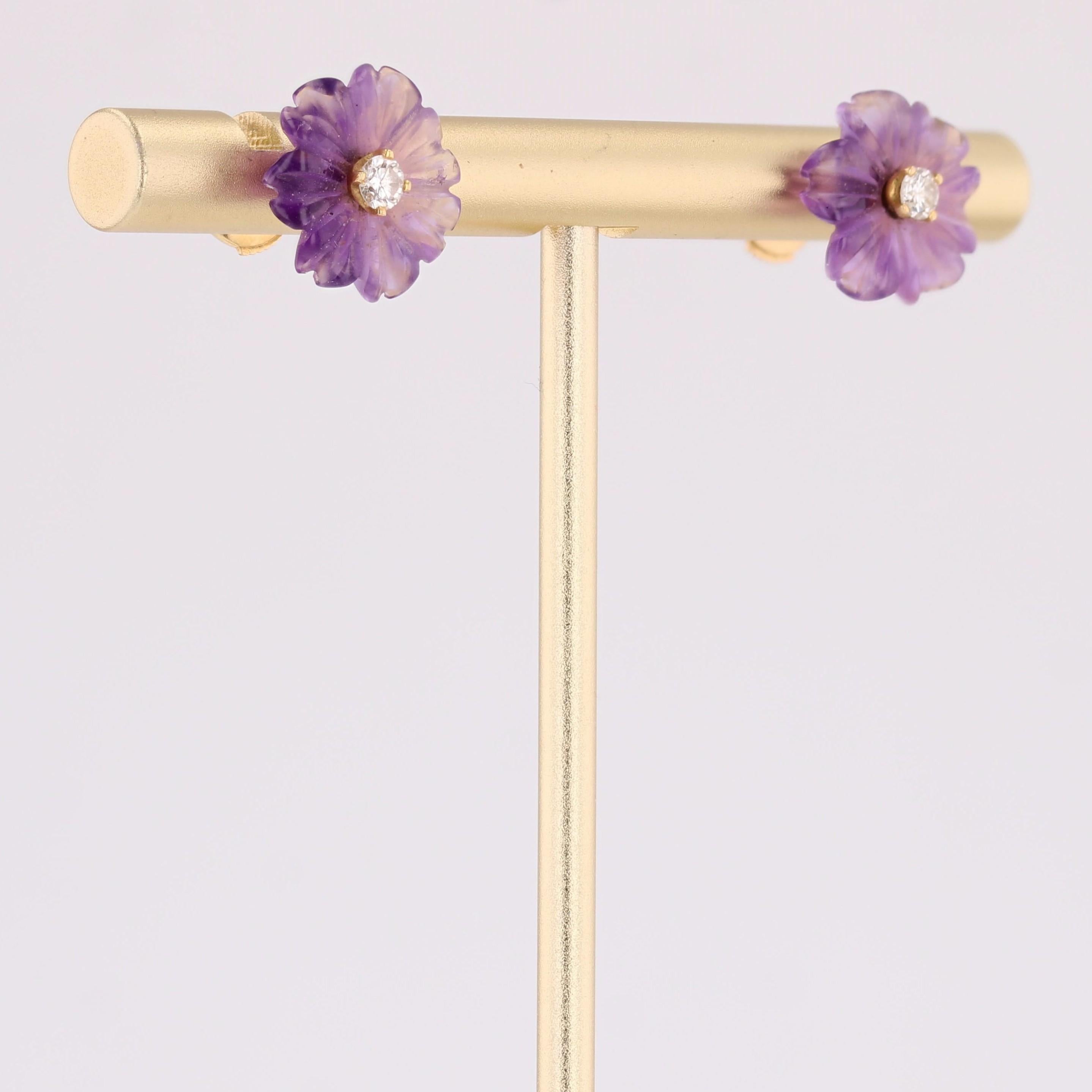 Orecchini a fiore in oro giallo 18 carati con diamanti e ametista del 1970 In condizioni ottime in vendita a Poitiers, FR