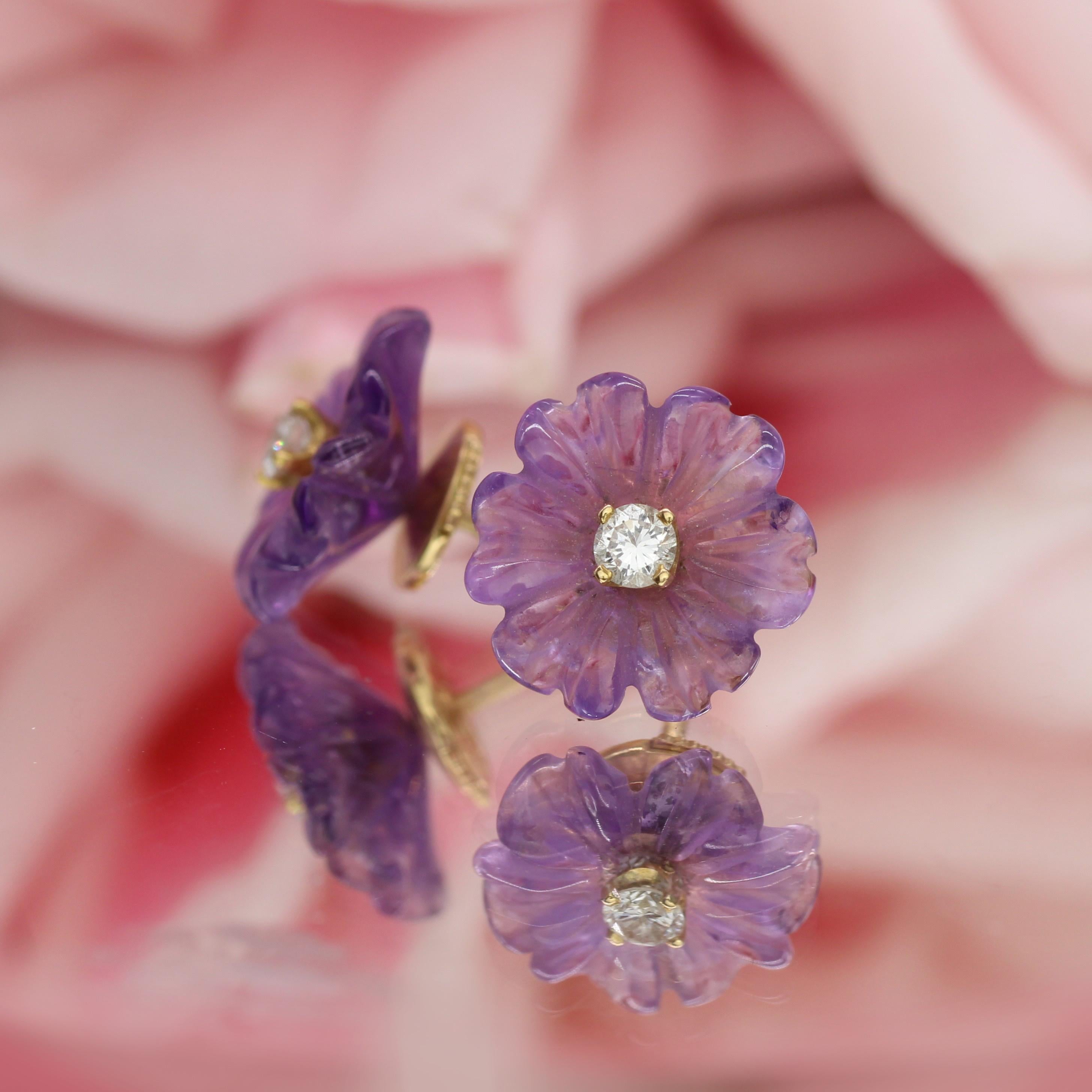 Donna Orecchini a fiore in oro giallo 18 carati con diamanti e ametista del 1970 in vendita