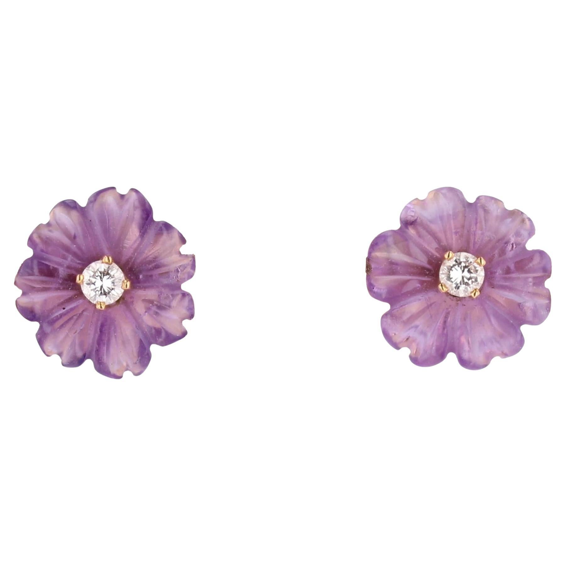 Orecchini a fiore in oro giallo 18 carati con diamanti e ametista del 1970 in vendita