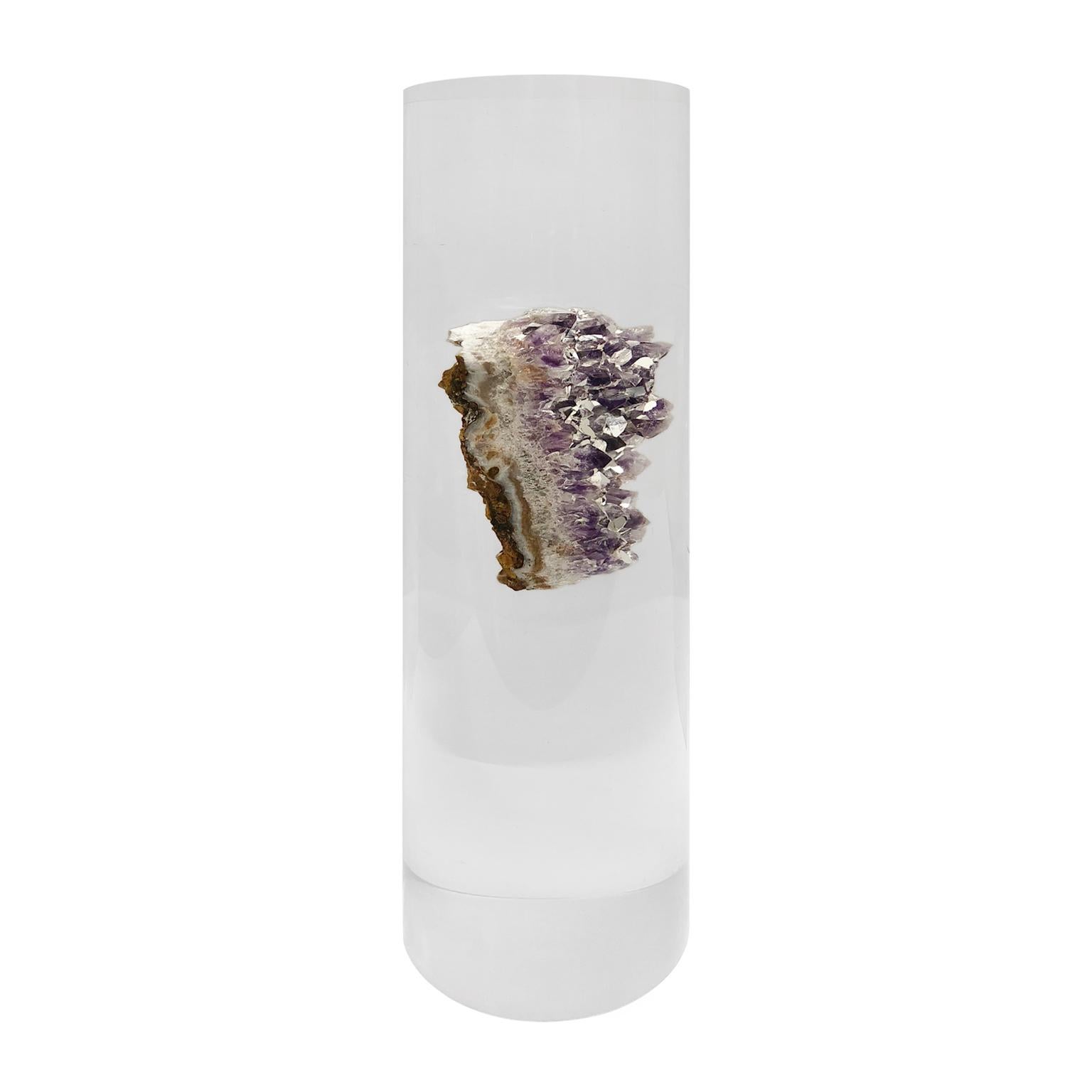 Amethyst geode suspended in Lucite column sculpture by Arthur Court, signed. USA, 1970s.