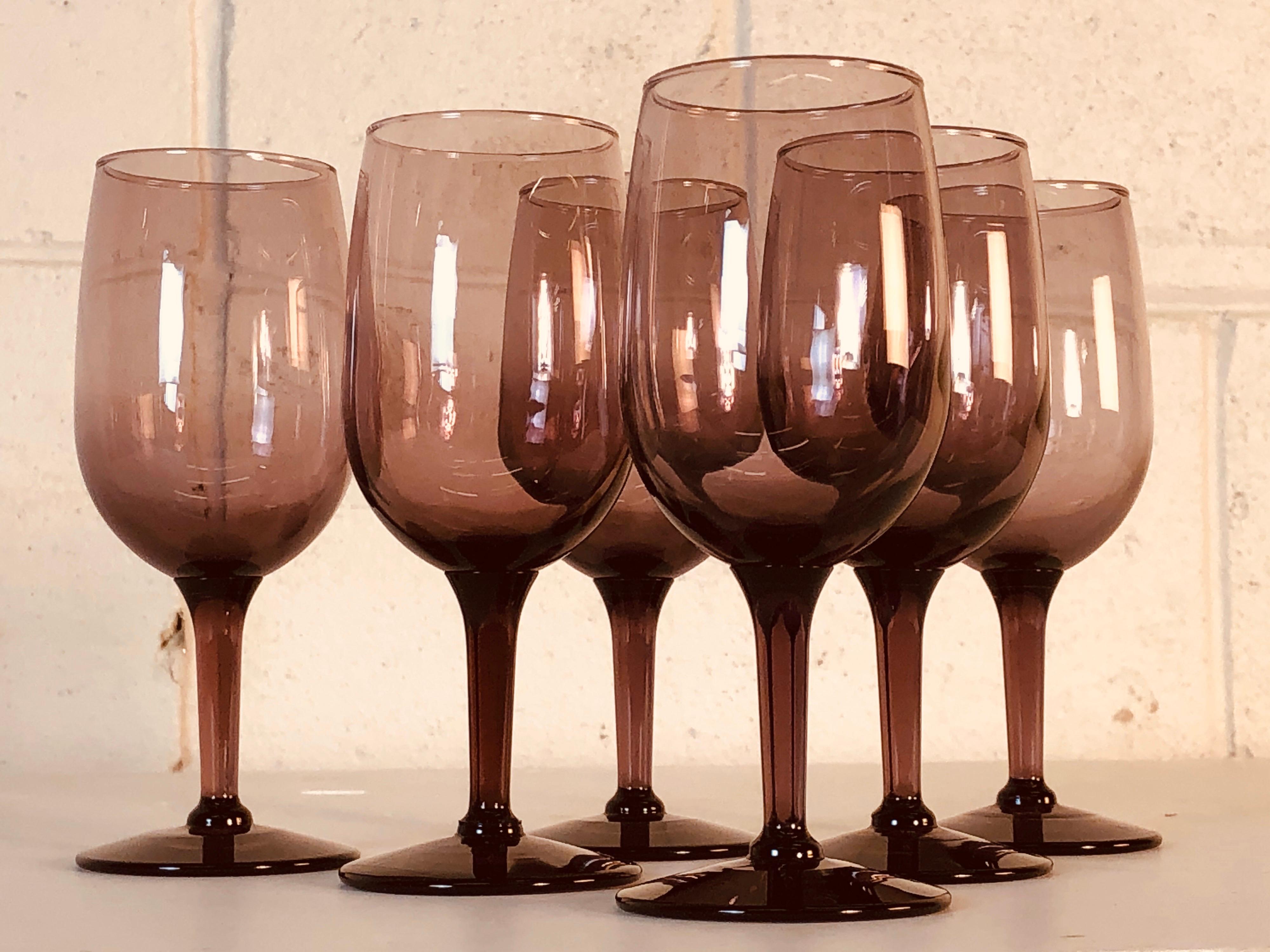 Mid-Century Modern 1970s Amethyst Glass Wine Stems, Set of 6 For Sale