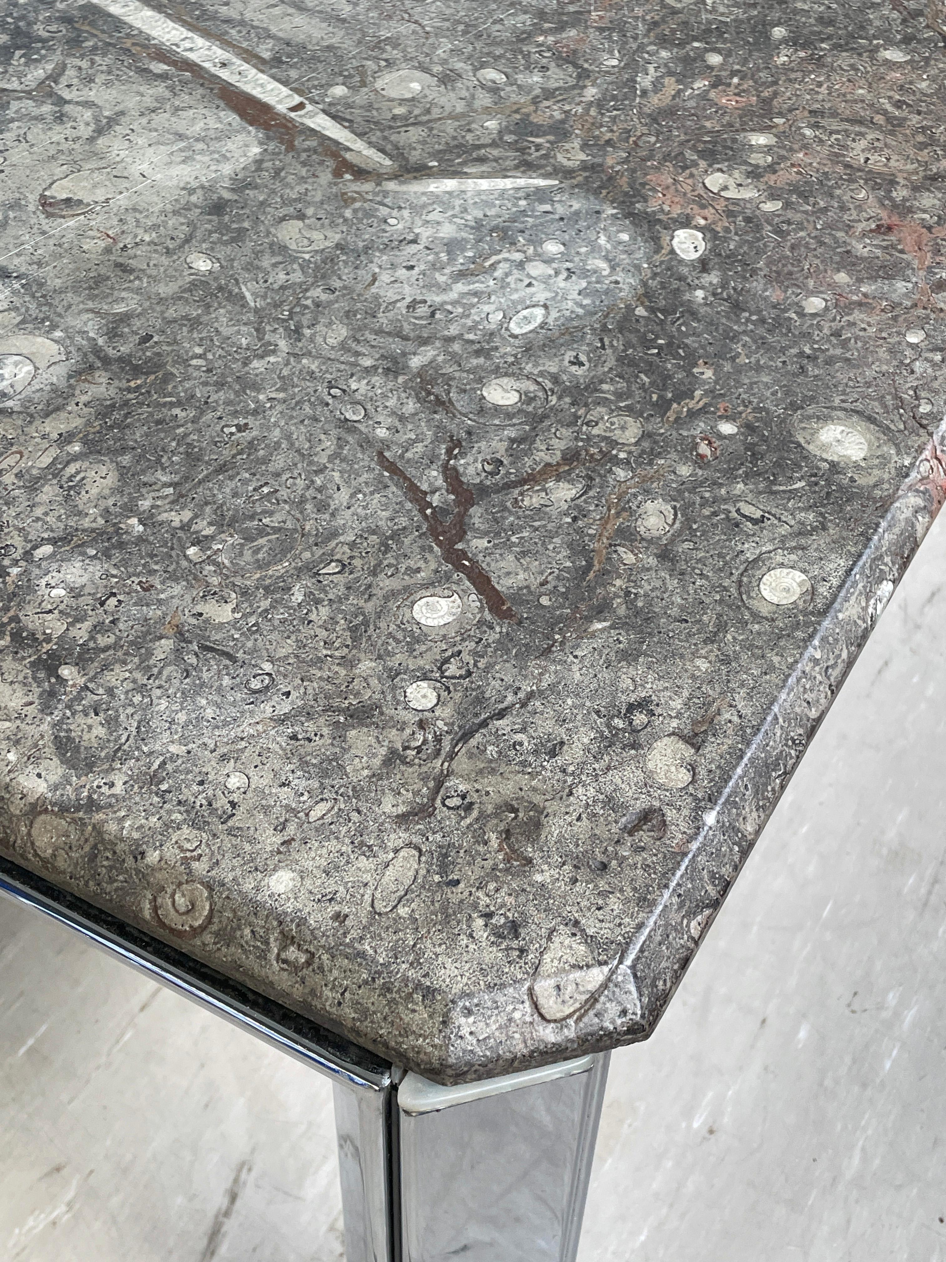 Metal 1970's Ammonite and Orthoceras Fossil Lounge Table For Sale