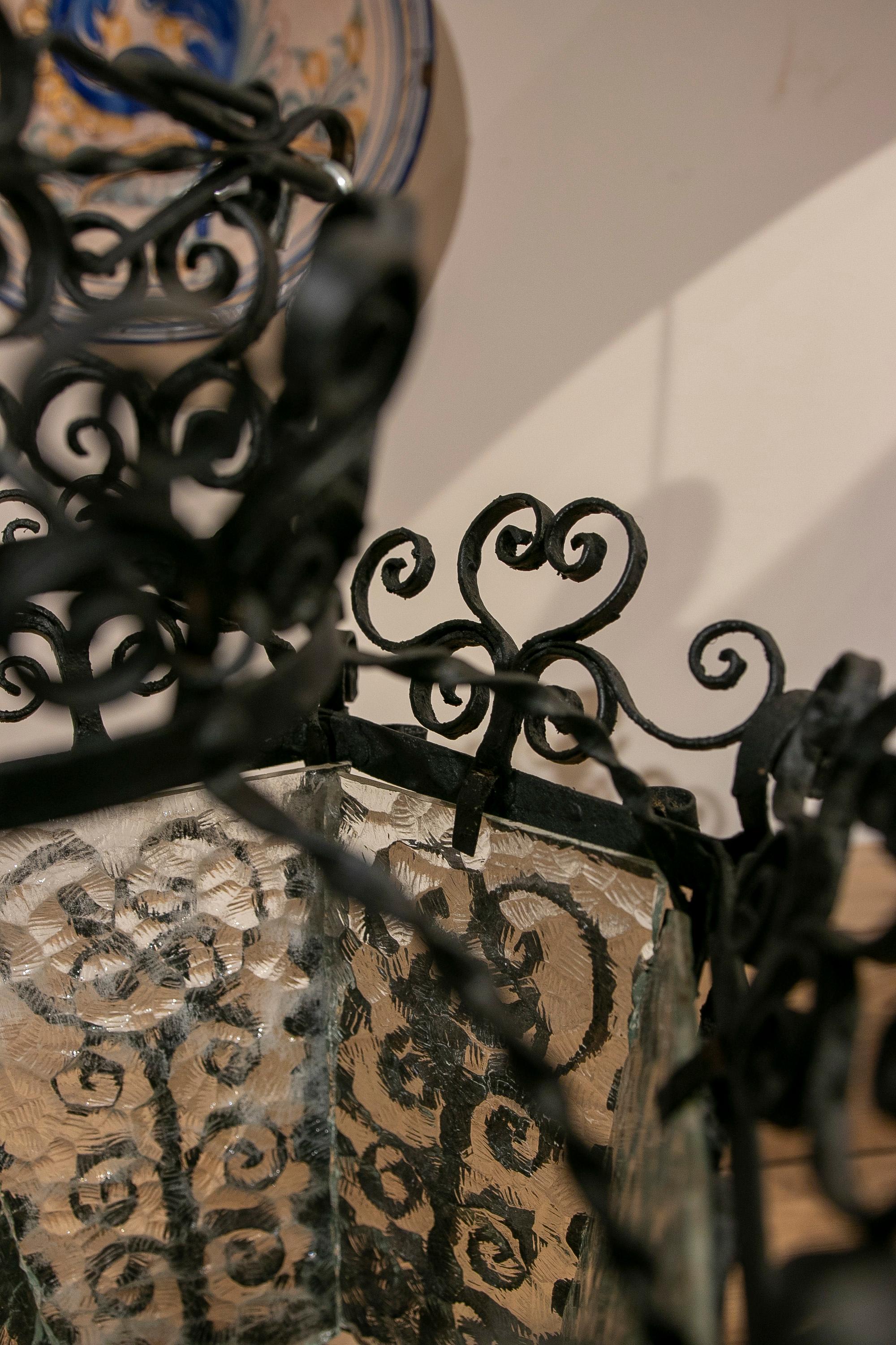1970s Andalusian Iron Ceiling Lantern with Translucent Glass 7