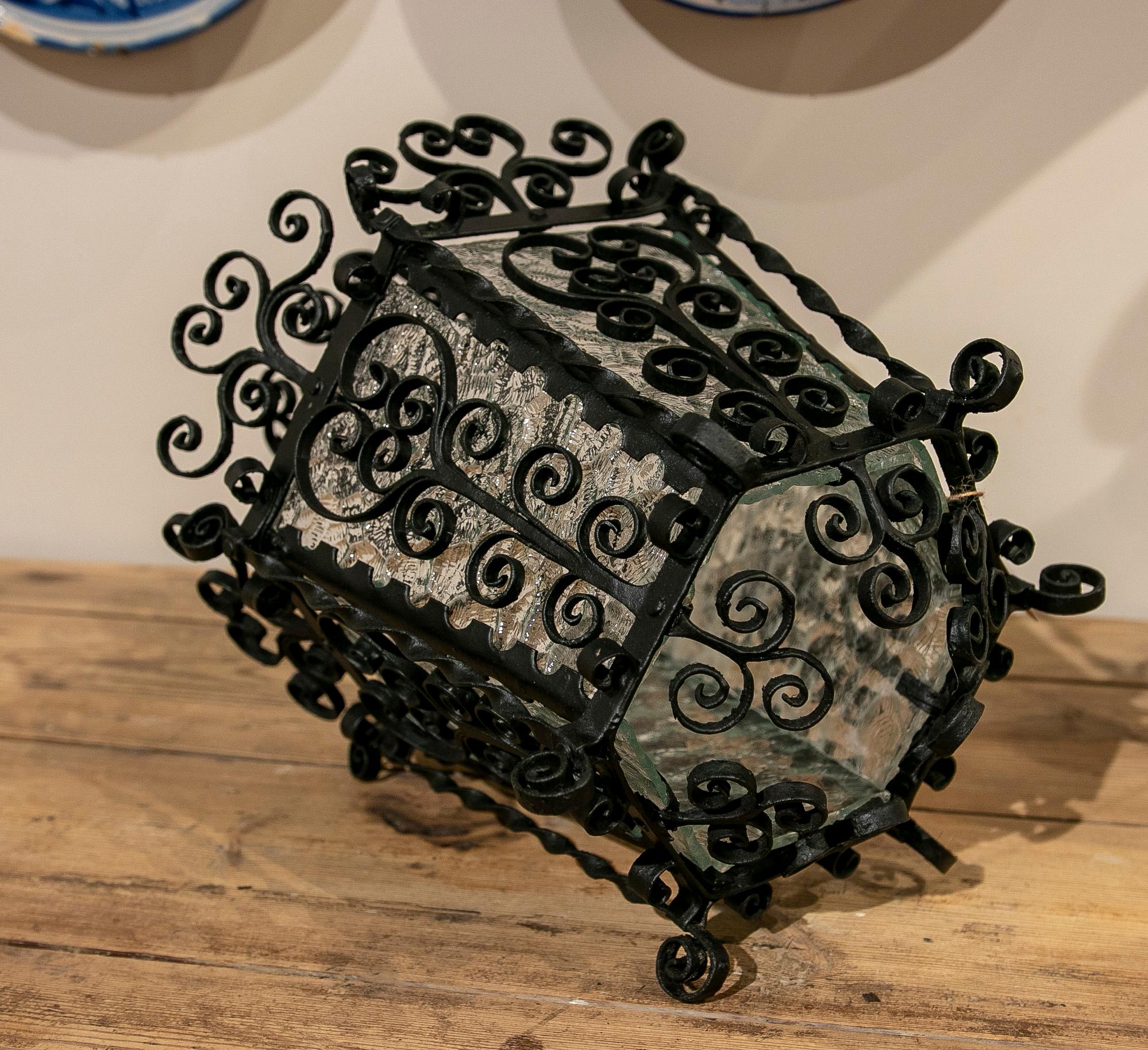 1970s Andalusian Iron Ceiling Lantern with Translucent Glass  For Sale 9