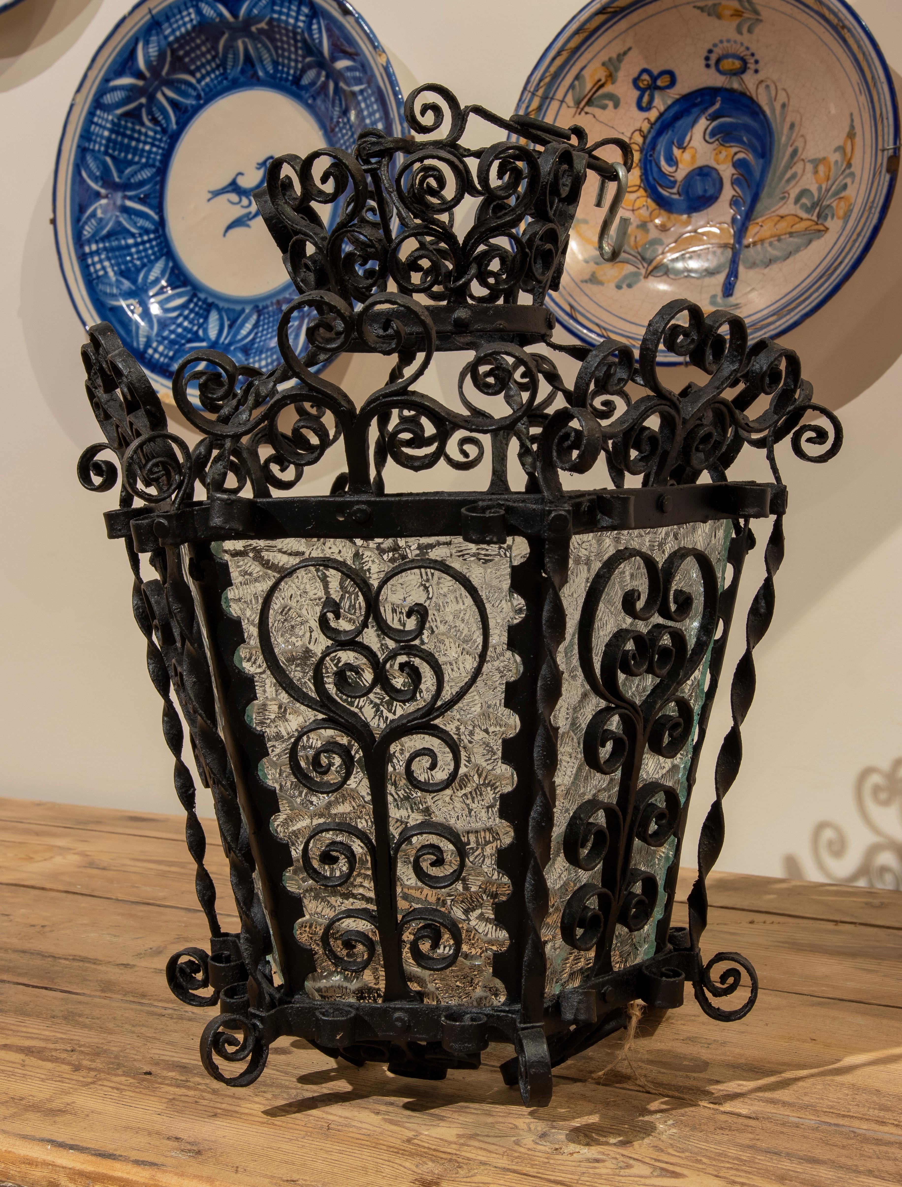 Spanish 1970s Andalusian Iron Ceiling Lantern with Translucent Glass  For Sale