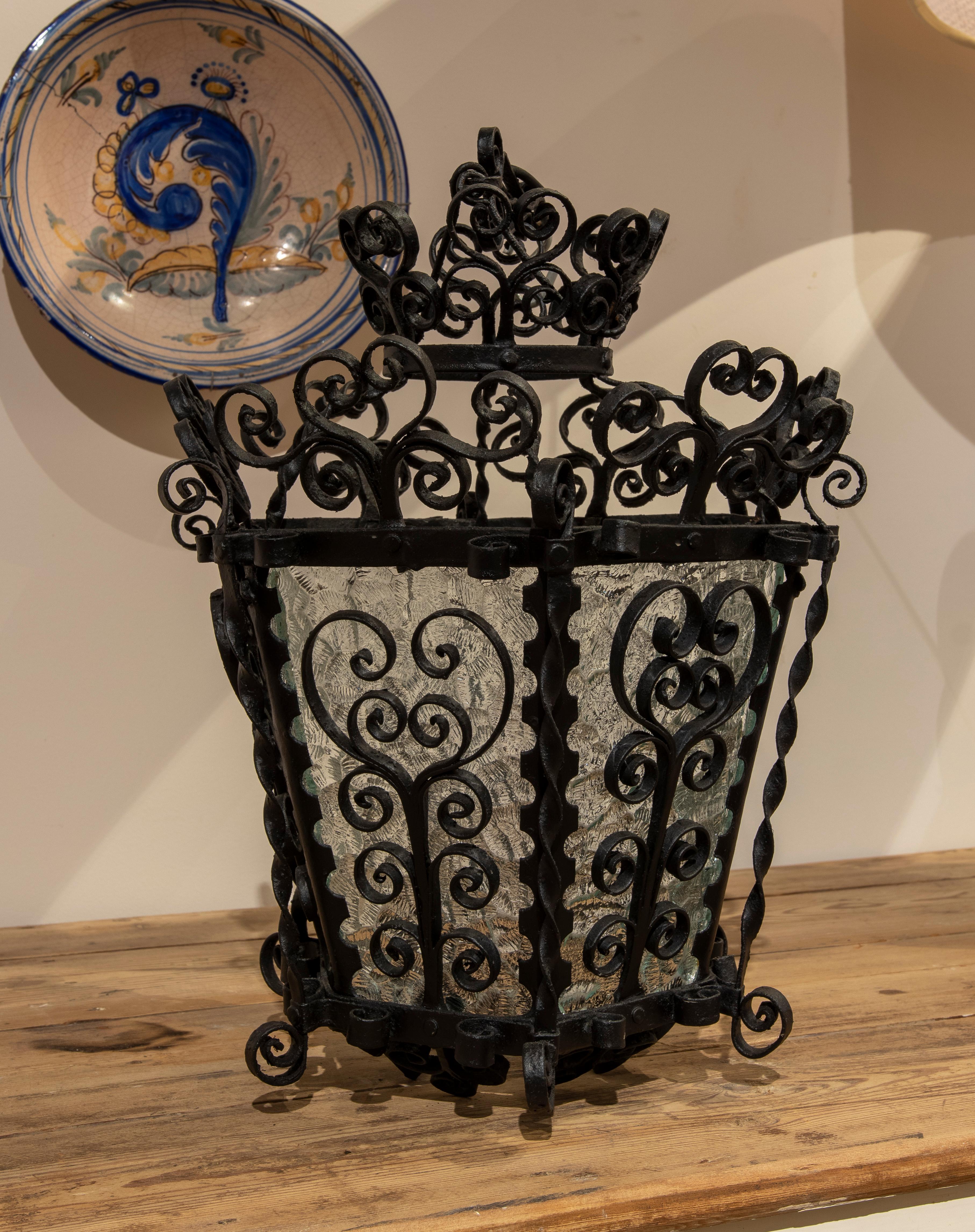 1970s Andalusian Iron Ceiling Lantern with Translucent Glass  In Good Condition For Sale In Marbella, ES