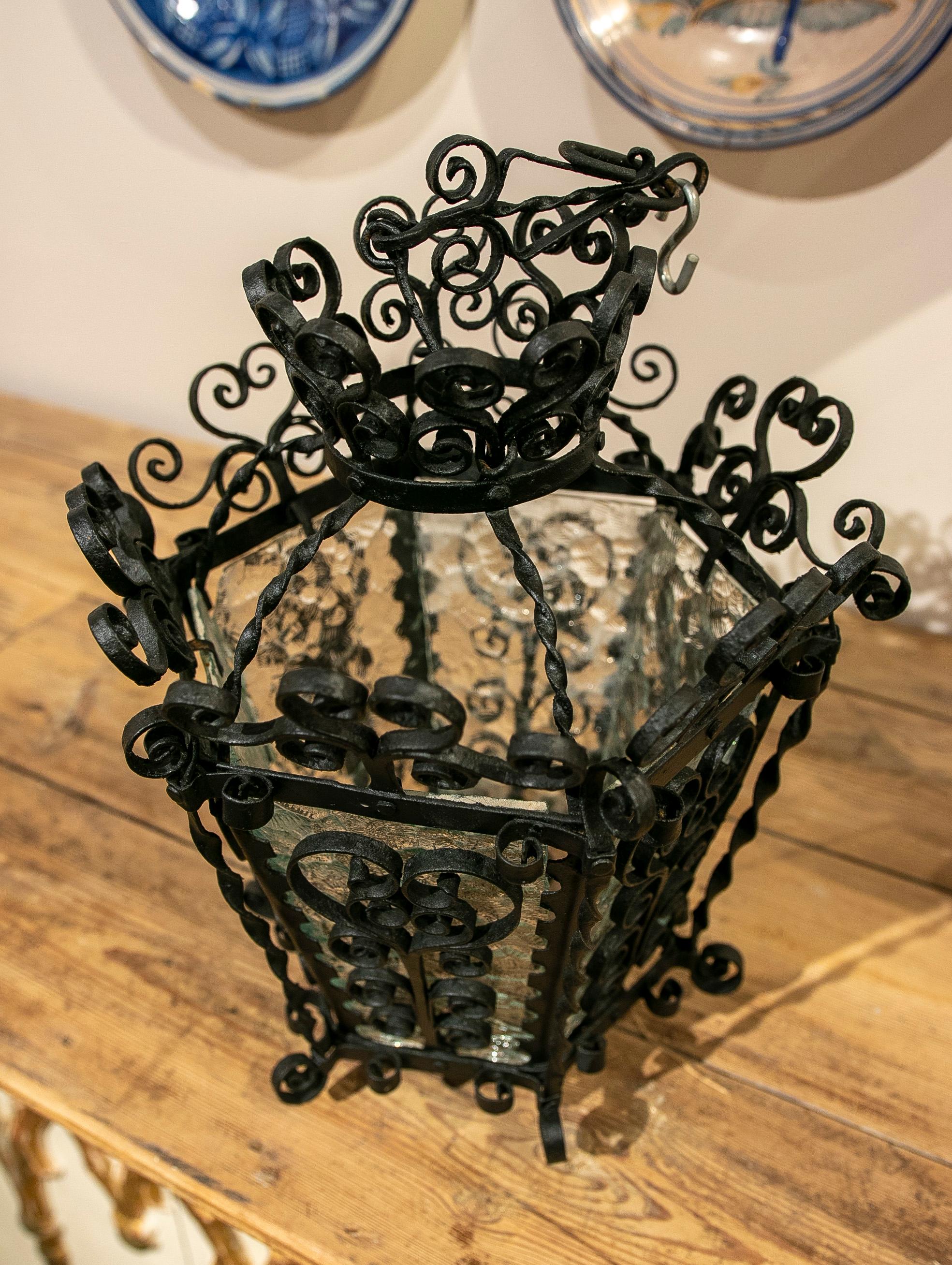 20th Century 1970s Andalusian Iron Ceiling Lantern with Translucent Glass  For Sale