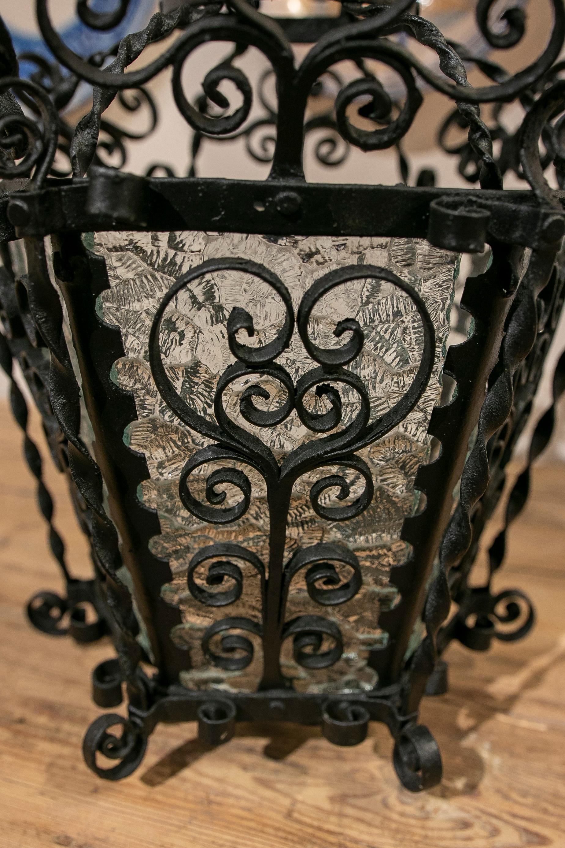 1970s Andalusian Iron Ceiling Lantern with Translucent Glass  For Sale 1