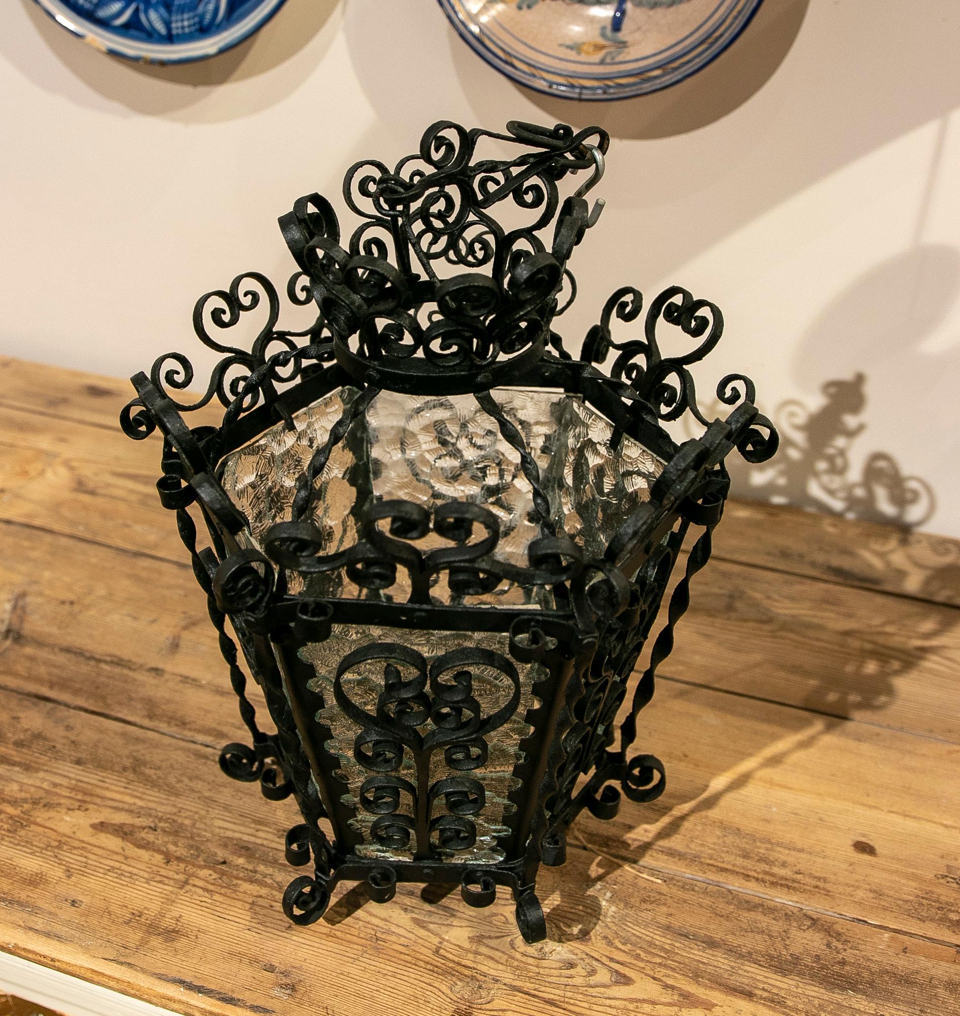 1970s Andalusian Iron Ceiling Lantern with Translucent Glass  For Sale 4