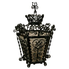 1970s Andalusian Iron Ceiling Lantern with Translucent Glass