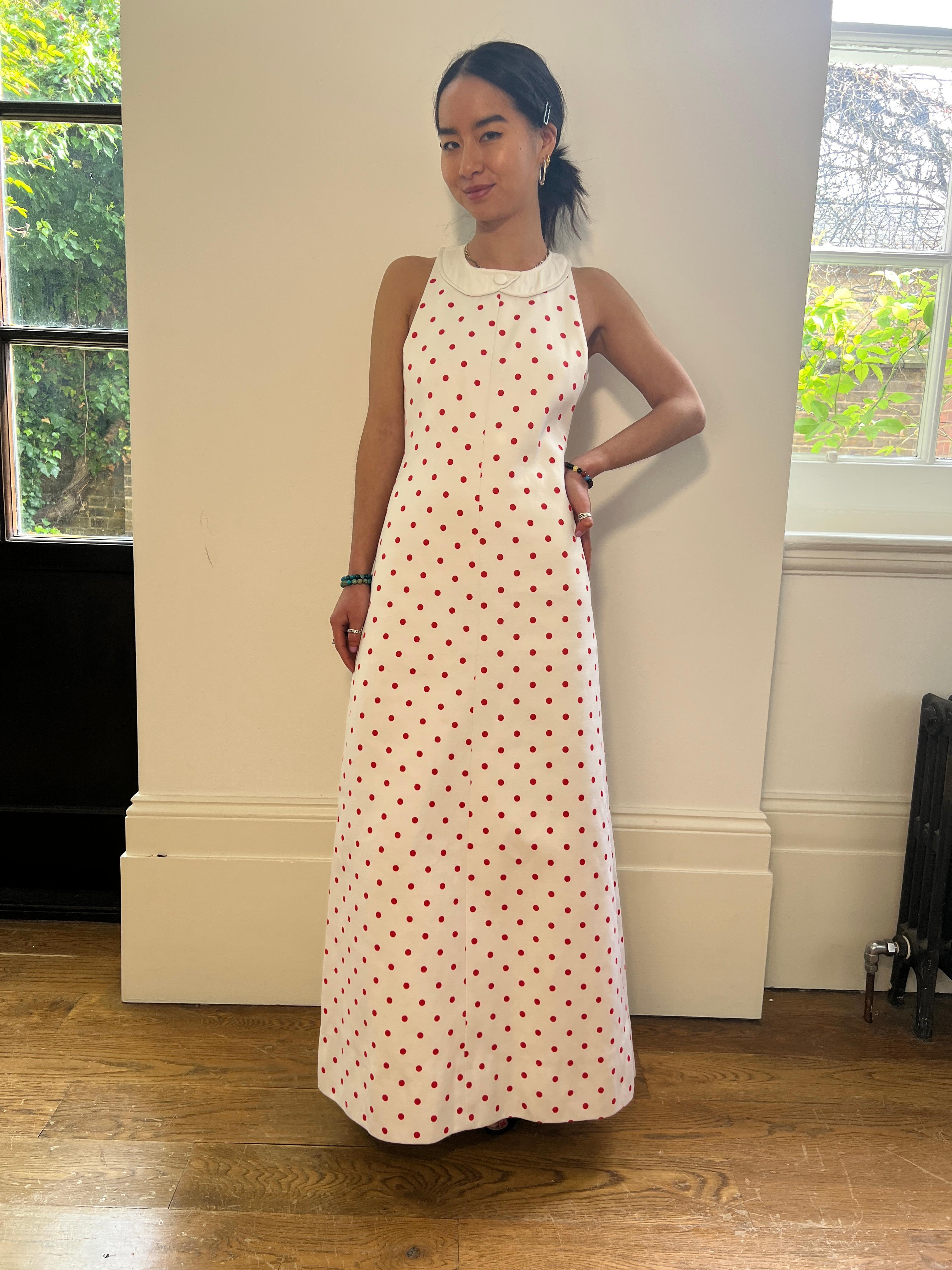 1970s André Courrèges Haute Couture Polka Dot Cotton Dress For Sale 2