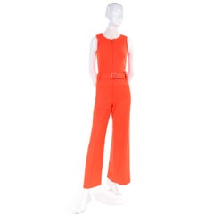 1970s Andre Courreges Hyperbole 2 Piece AC Logo Orange Jumpsuit & Sheer Top