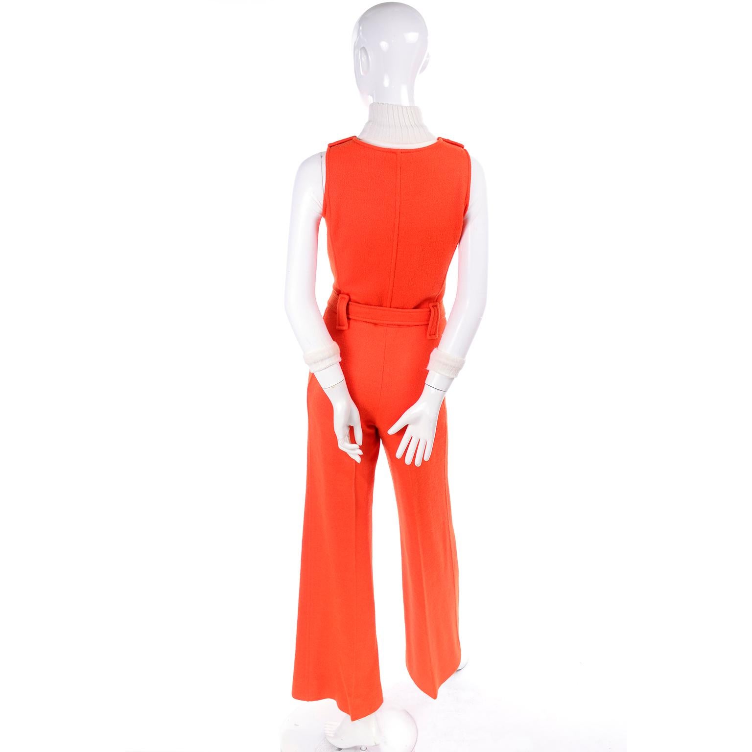 1970s Andre Courreges Hyperbole 2 Piece AC Logo Orange Jumpsuit & Sheer Top In Good Condition In Portland, OR