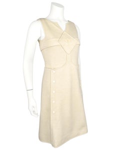 1970's André Courreges Hyperbole Beige Knit Sleeveless Logo A-Line Dress