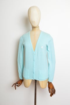 1970's André Courrèges Paris Mint Blue Ribbed button down Cotton Cardigan