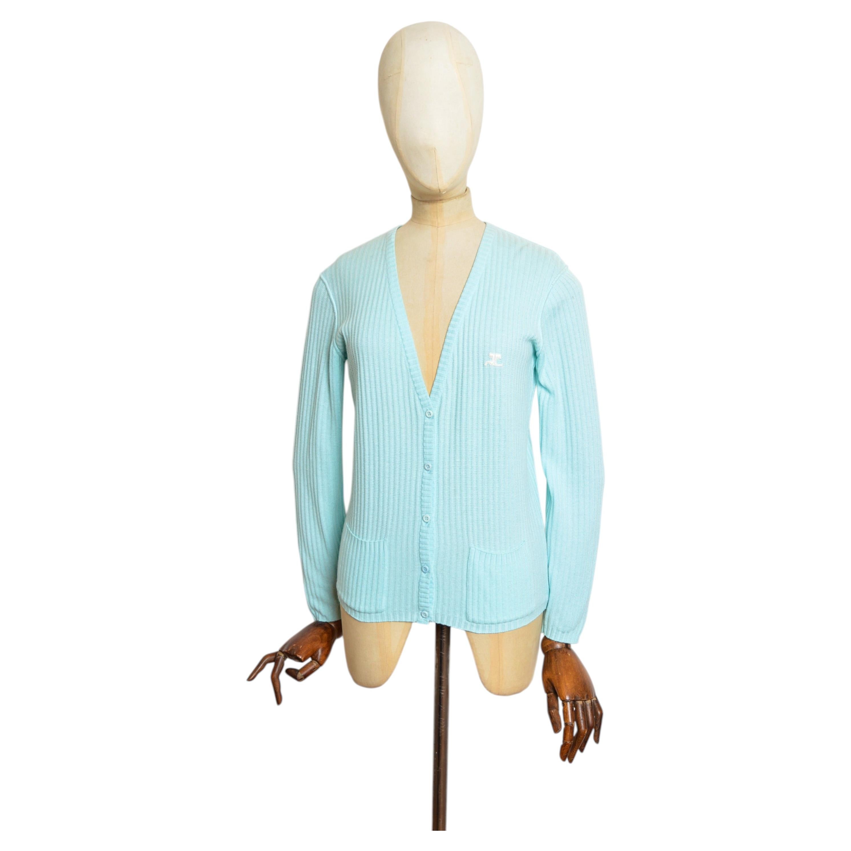 1970’s André Courrèges Paris Mint Blue Ribbed button down Cotton Cardigan