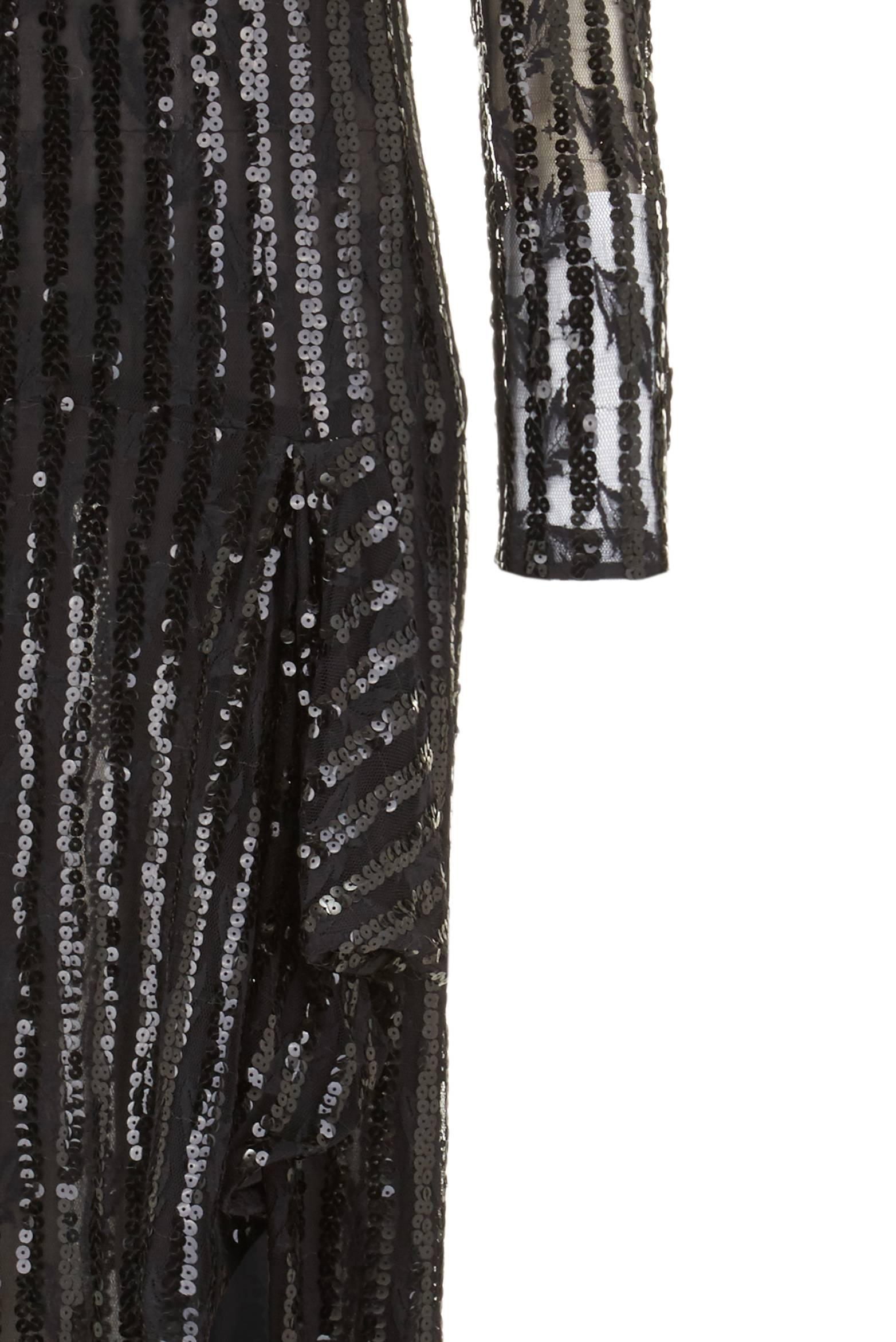 Noir Andre Laug Couture - Robe vintage à paillettes noires, années 1970  en vente
