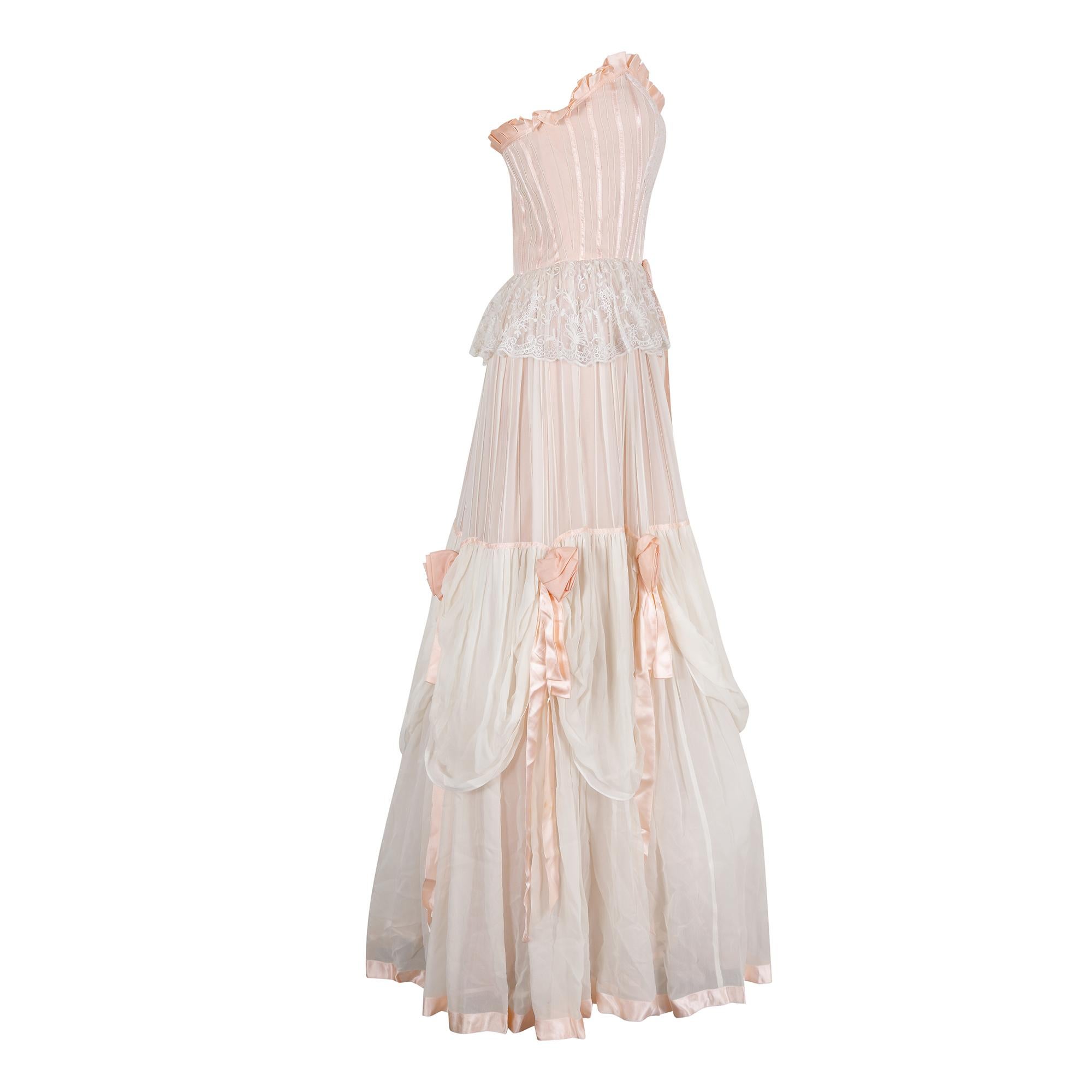 1970s Andrea Wilkin Cream Silk and Peach Ribbon Polonaise Dress For ...