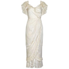 1970s Andrea Wilkin Silk Ivory Fantasy Bridal Dress in Edwardian Style