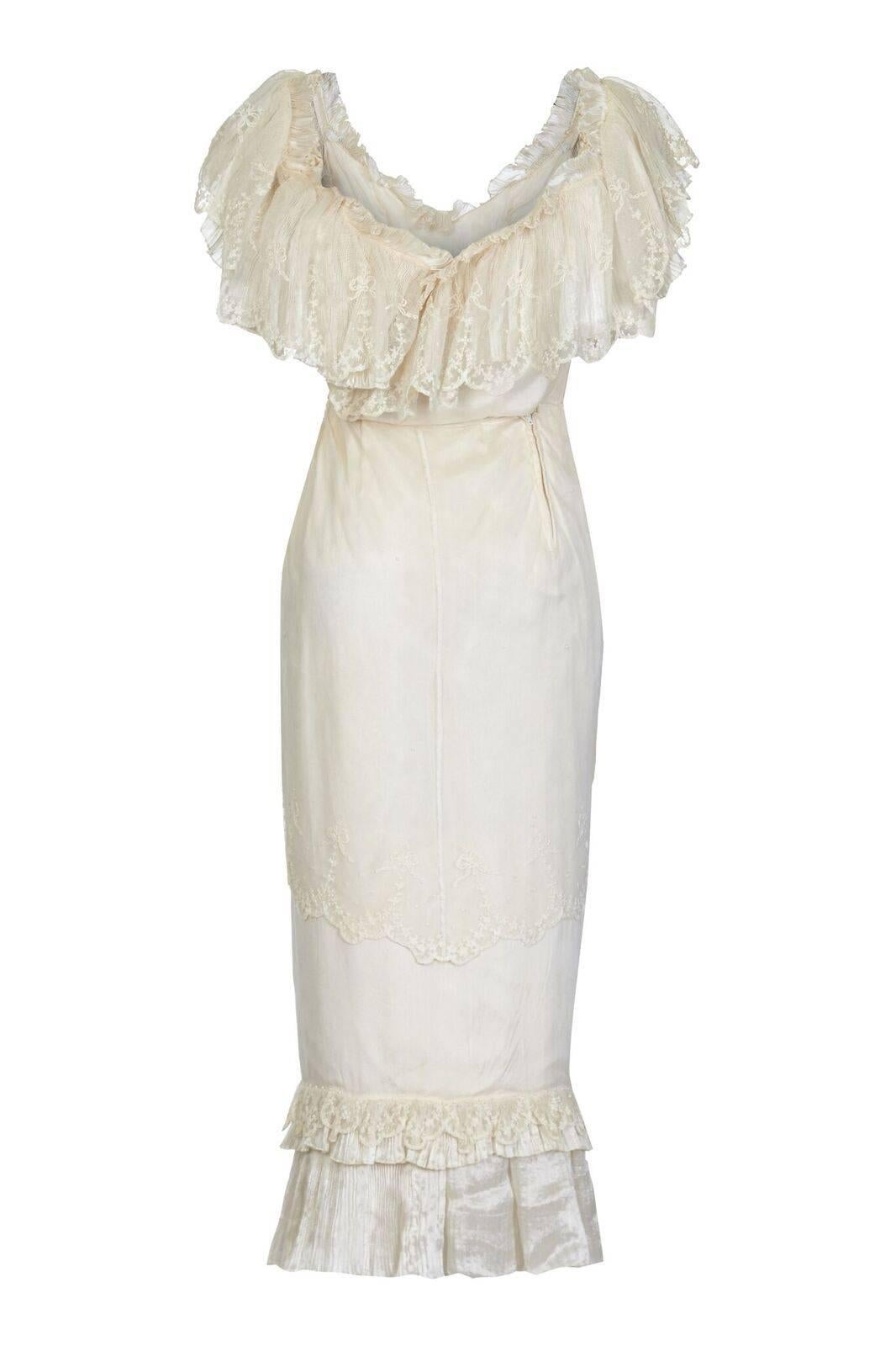 Beige 1970s Andrea Wilkin Silk Ivory Fantasy Bridal Dress in Edwardian Style For Sale