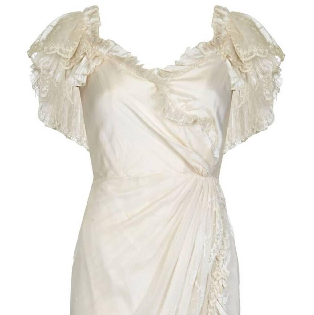 Women's 1970s Andrea Wilkin Silk Ivory Fantasy Bridal Dress in Edwardian Style For Sale