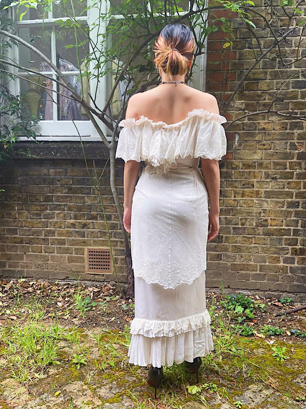 1970s Andrea Wilkin Silk Ivory Fantasy Bridal Dress in Edwardian Style For Sale 4