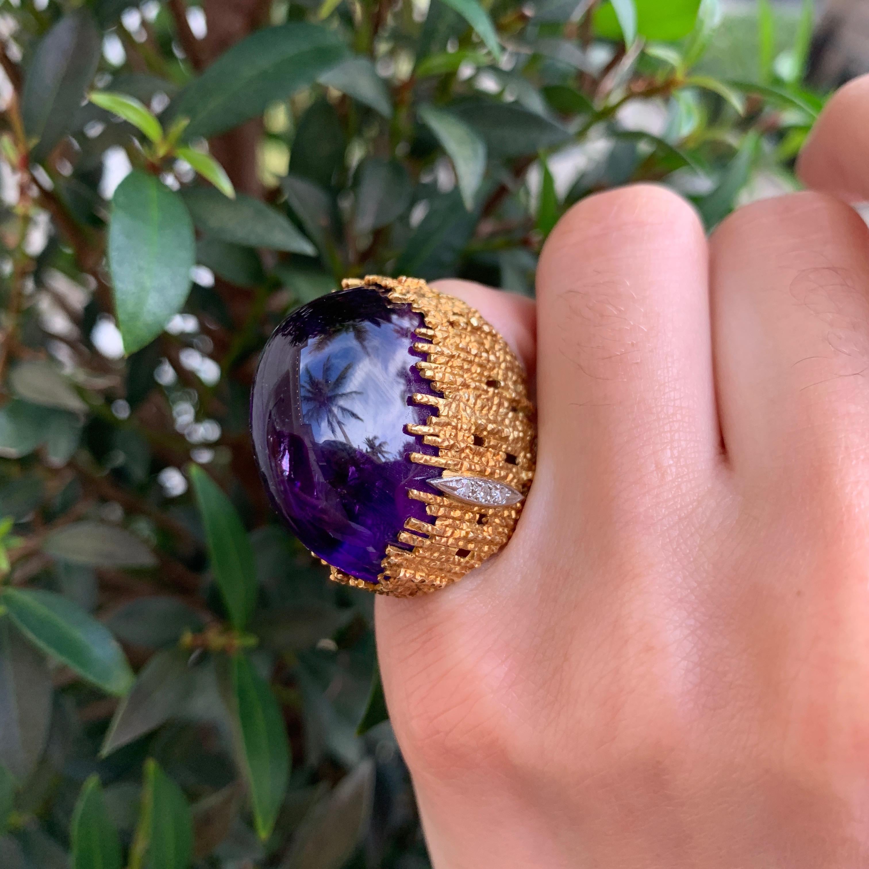 A vintage, cabochon amethyst, diamond, and textured 18 karat gold wire work ring, by Andrew Grima, c. 1970. This sculptural, oval cabochon amethyst ring is a wonderful example of Andrew Grima's exceptional sense of scale and style. Signed Grima.