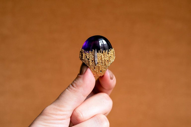 Cabochon 1970s Andrew Grima Amethyst, Diamond and Gold Ring For Sale