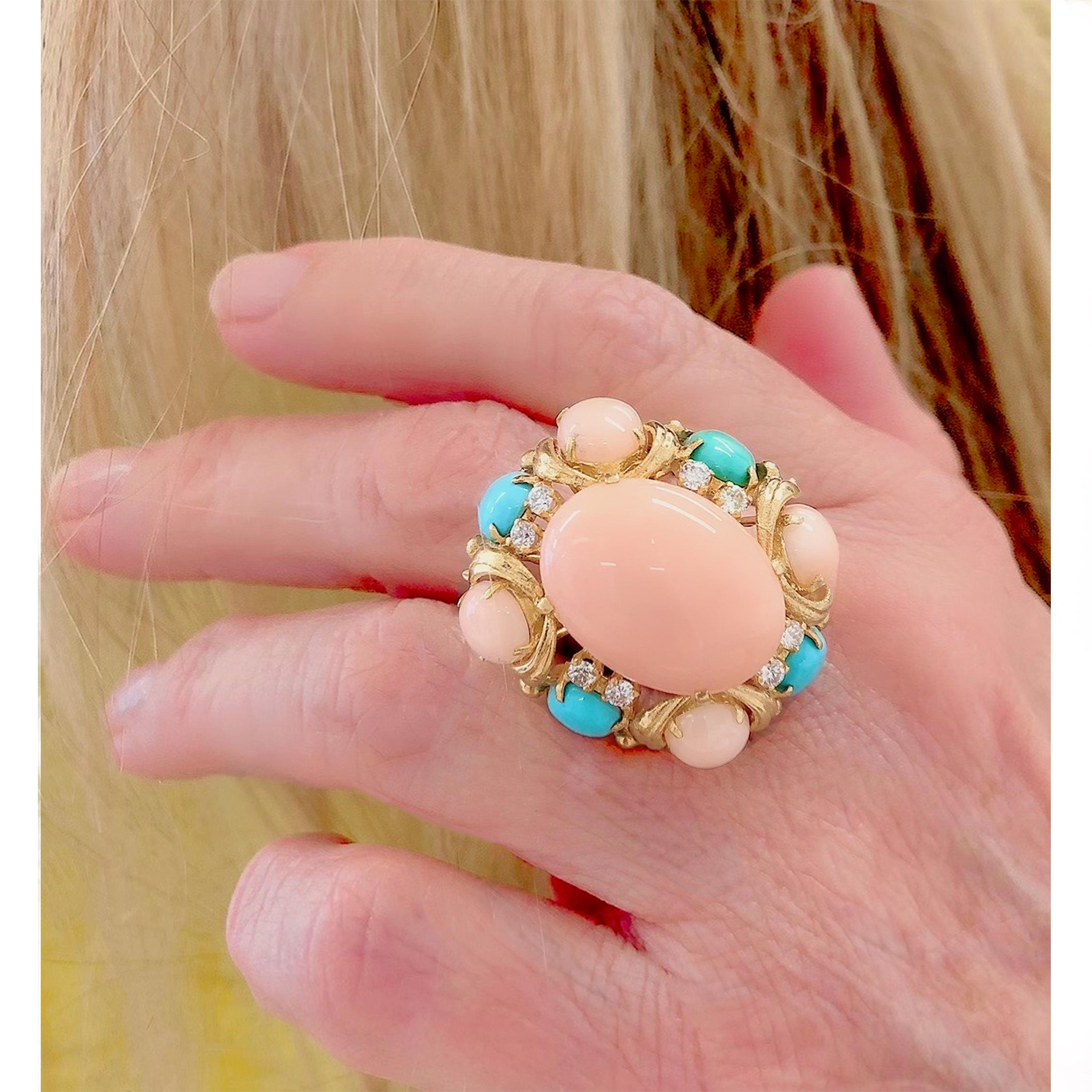 Modern 1970s Angel Skin and Turquoise Cocktail Ring