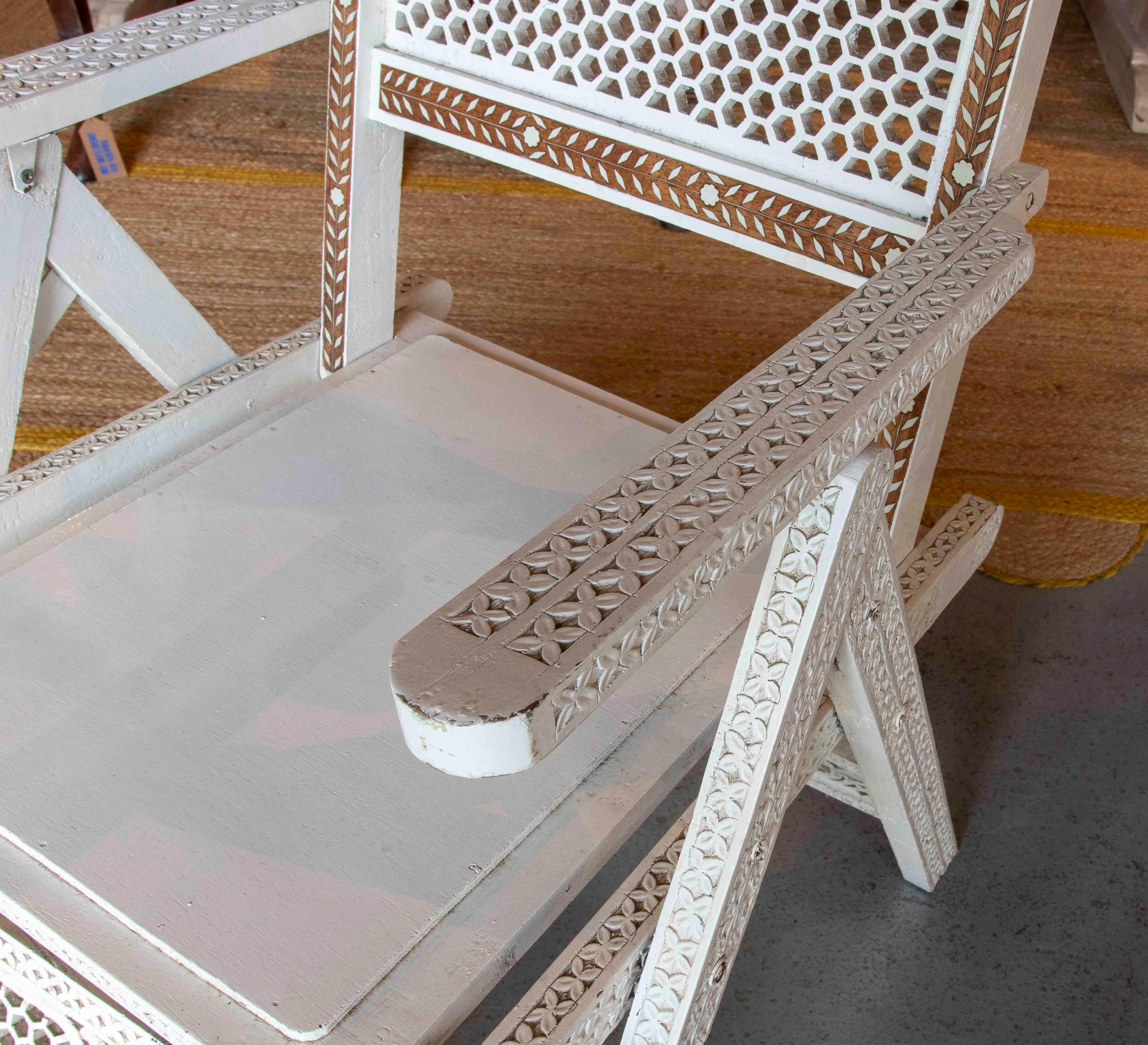 Wood 1970s Anglo-Indian Folding Chair with Bone Inlay For Sale