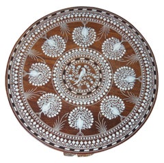 1970s Anglo Indian Teak Carved Elephant Peacock and Bone Inlay Side End Table