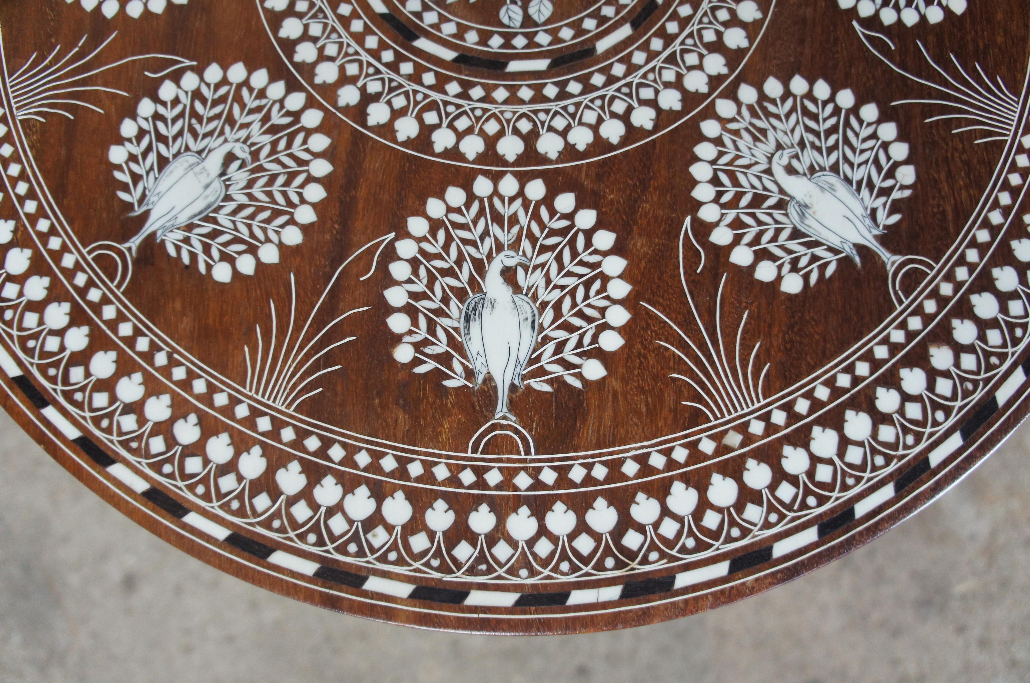 Late 20th Century 1970s Anglo Indian Teak Carved Elephant Peacock and Bone Inlay Side End Table