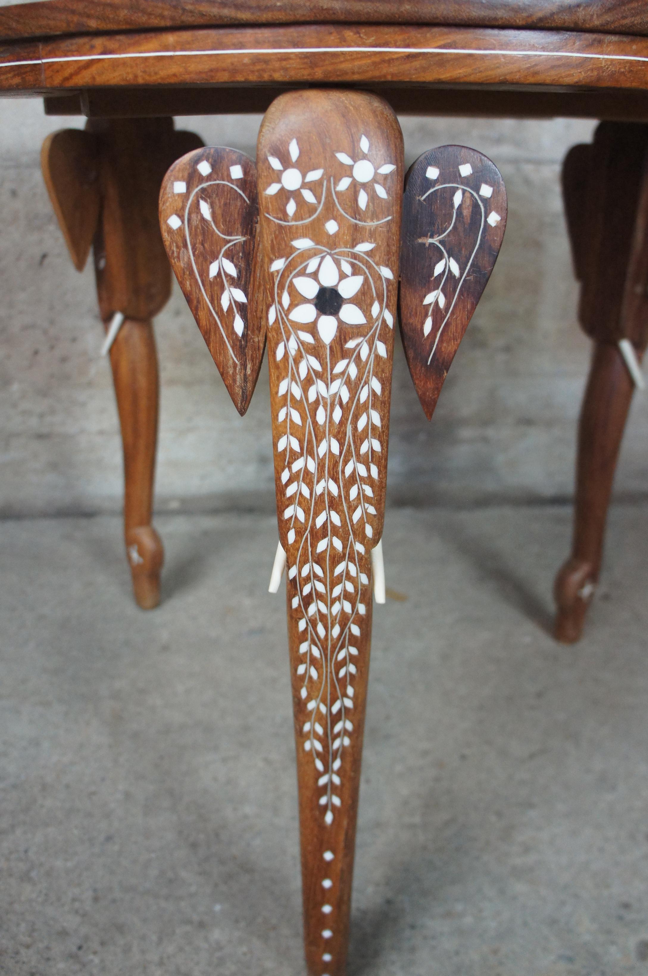 1970s Anglo Indian Teak Carved Elephant Peacock and Bone Inlay Side End Table 1
