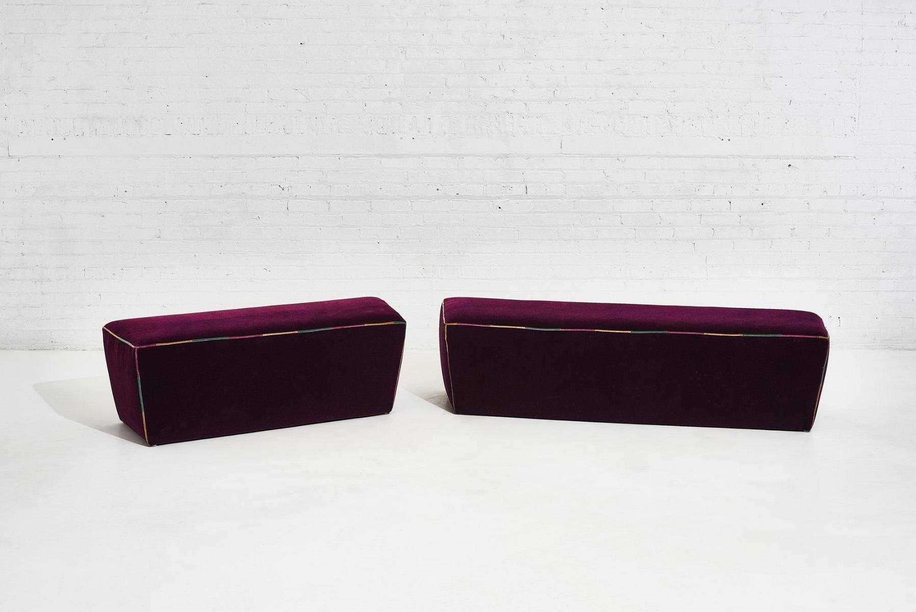 1970 angular post modern benches. One bench is slightly bigger than the other. All original purple mohair.