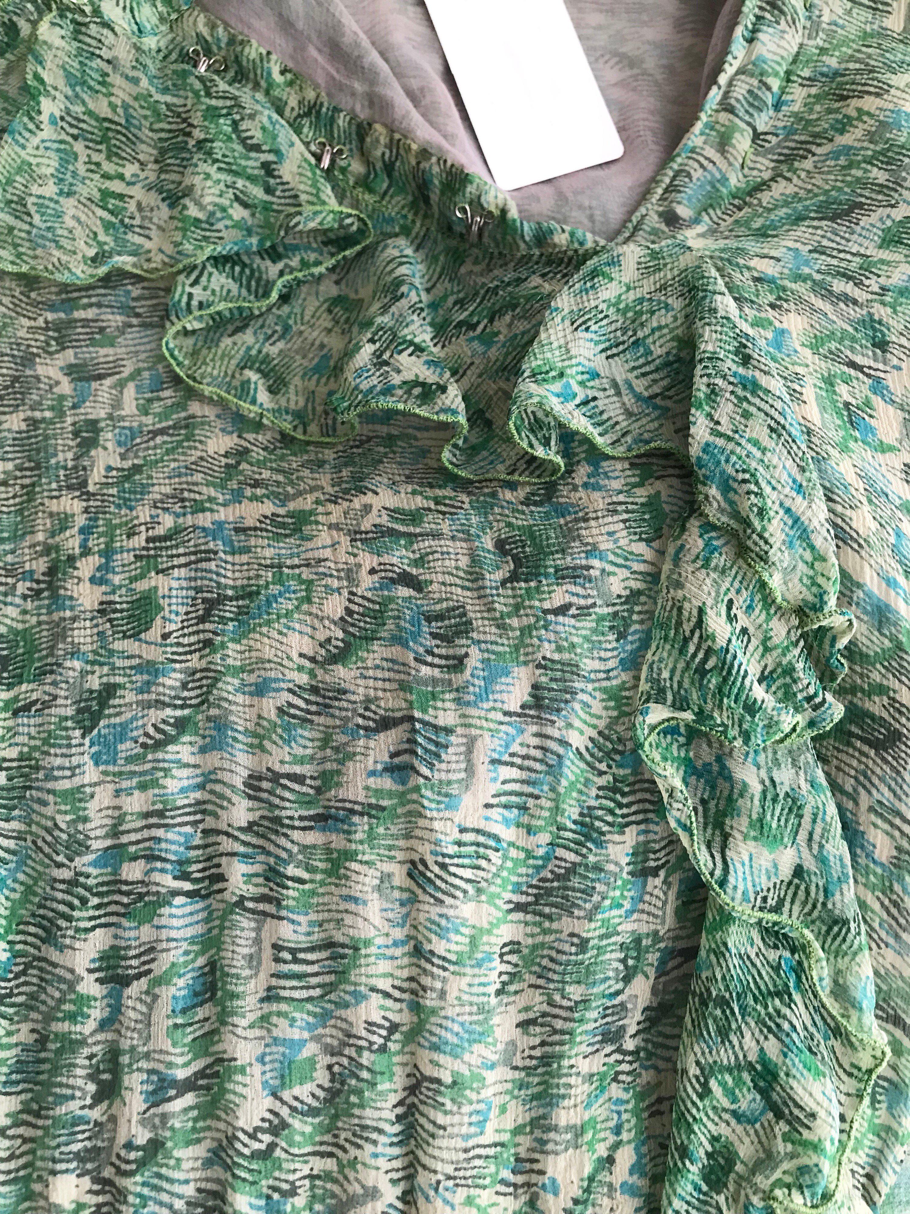1970s Anna Weatherley Green Silk Print Dress 6