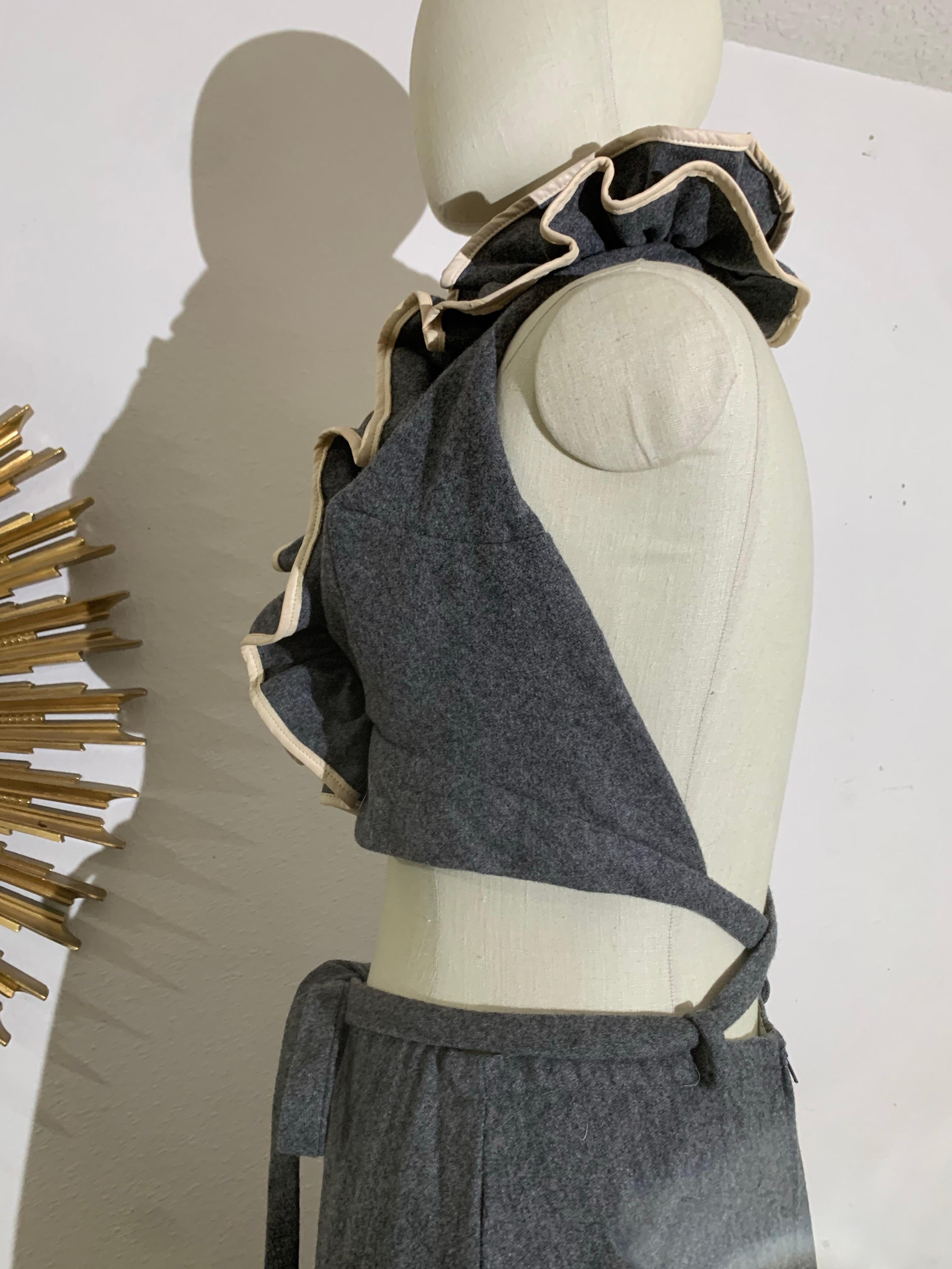 1970s Anne Fogarty Grey Wool Flannel Ruffled Halter Crop Top & Maxi Skirt For Sale 5