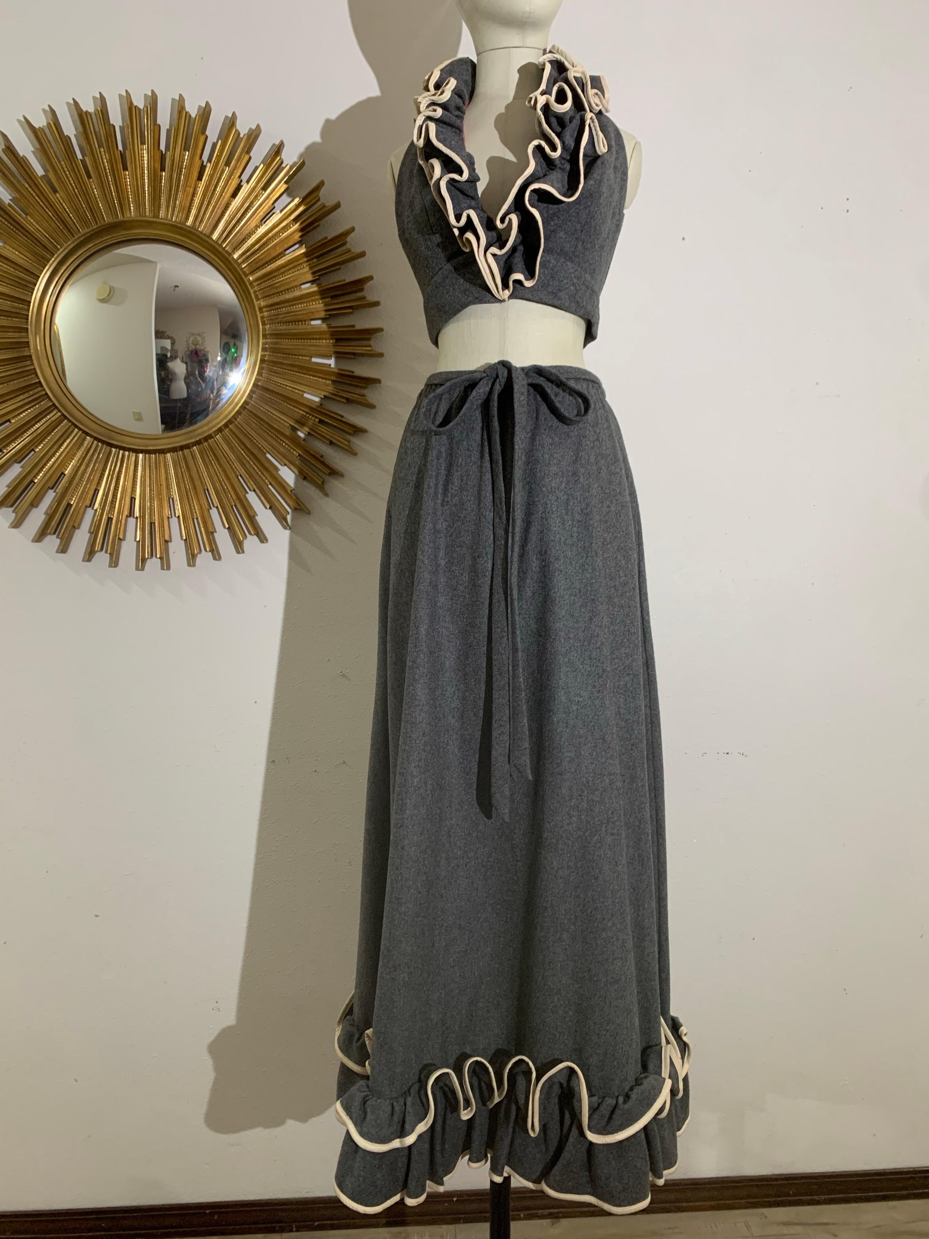1970s Anne Fogarty Grey Wool Flannel Ruffled Halter Crop Top & Maxi Skirt For Sale 7