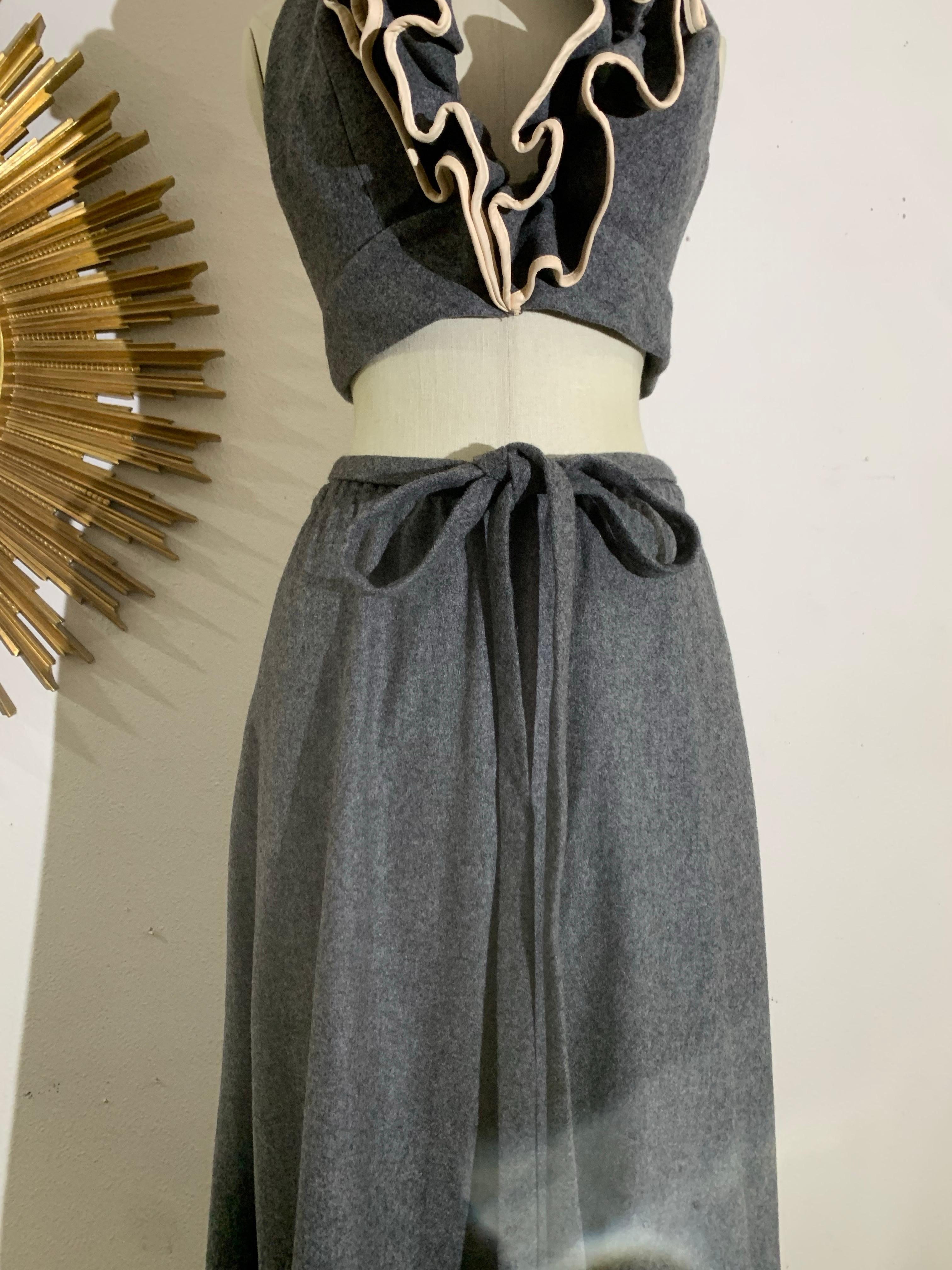 1970s Anne Fogarty Grey Wool Flannel Ruffled Halter Crop Top & Maxi Skirt For Sale 8