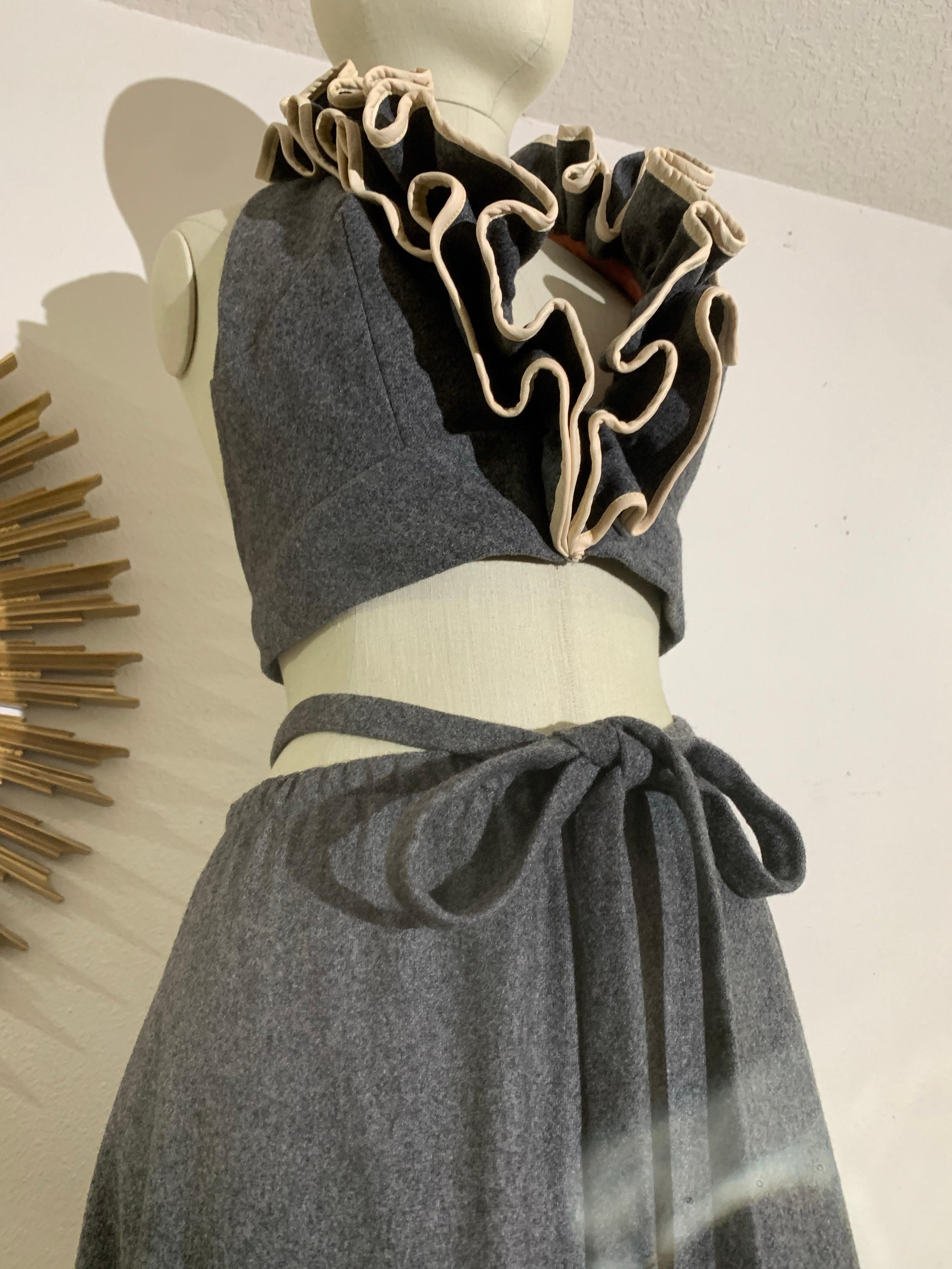 1970s Anne Fogarty Grey Wool Flannel Ruffled Halter Crop Top & Maxi Skirt For Sale 9
