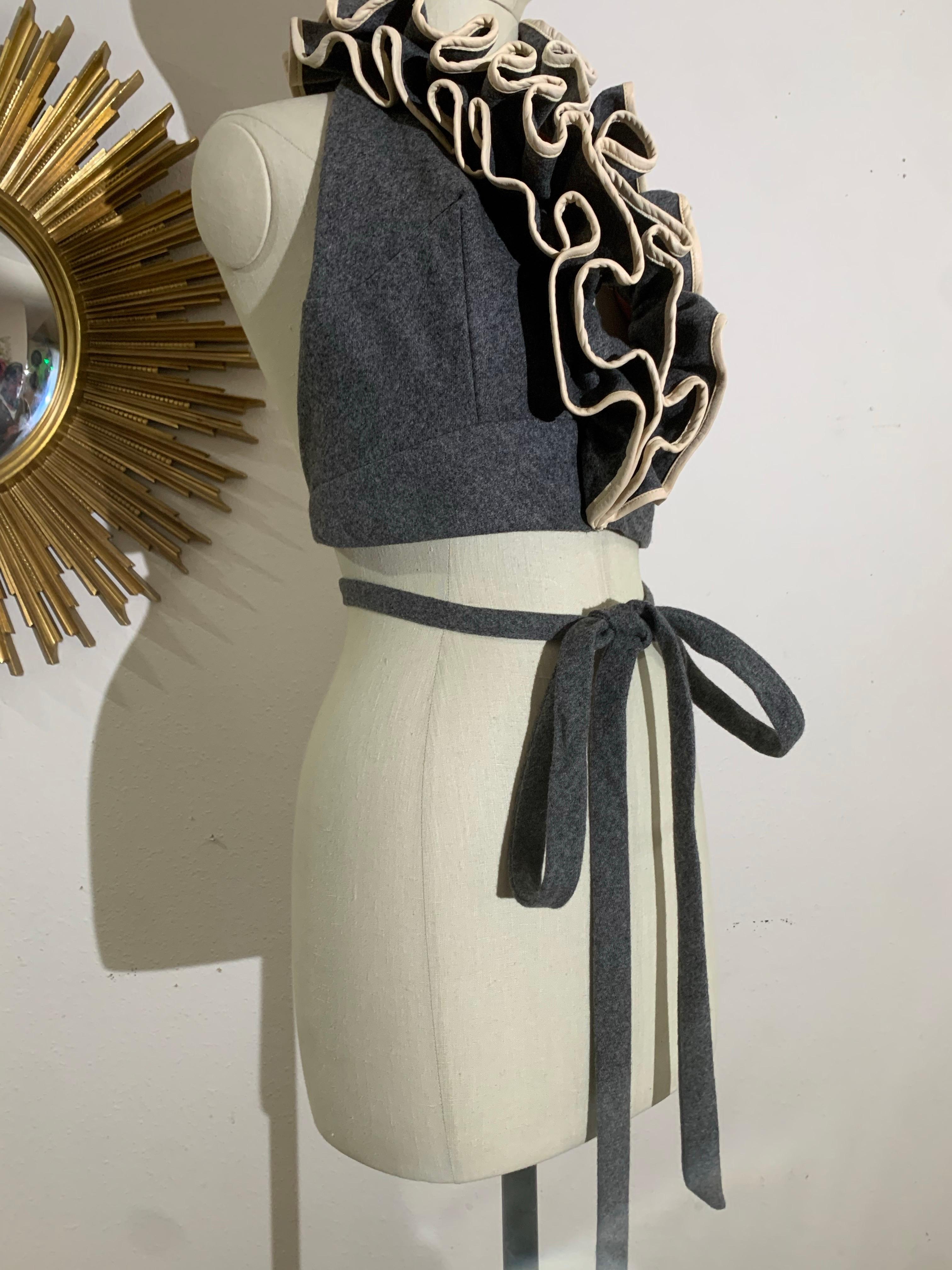 1970s Anne Fogarty Grey Wool Flannel Ruffled Halter Crop Top & Maxi Skirt For Sale 12