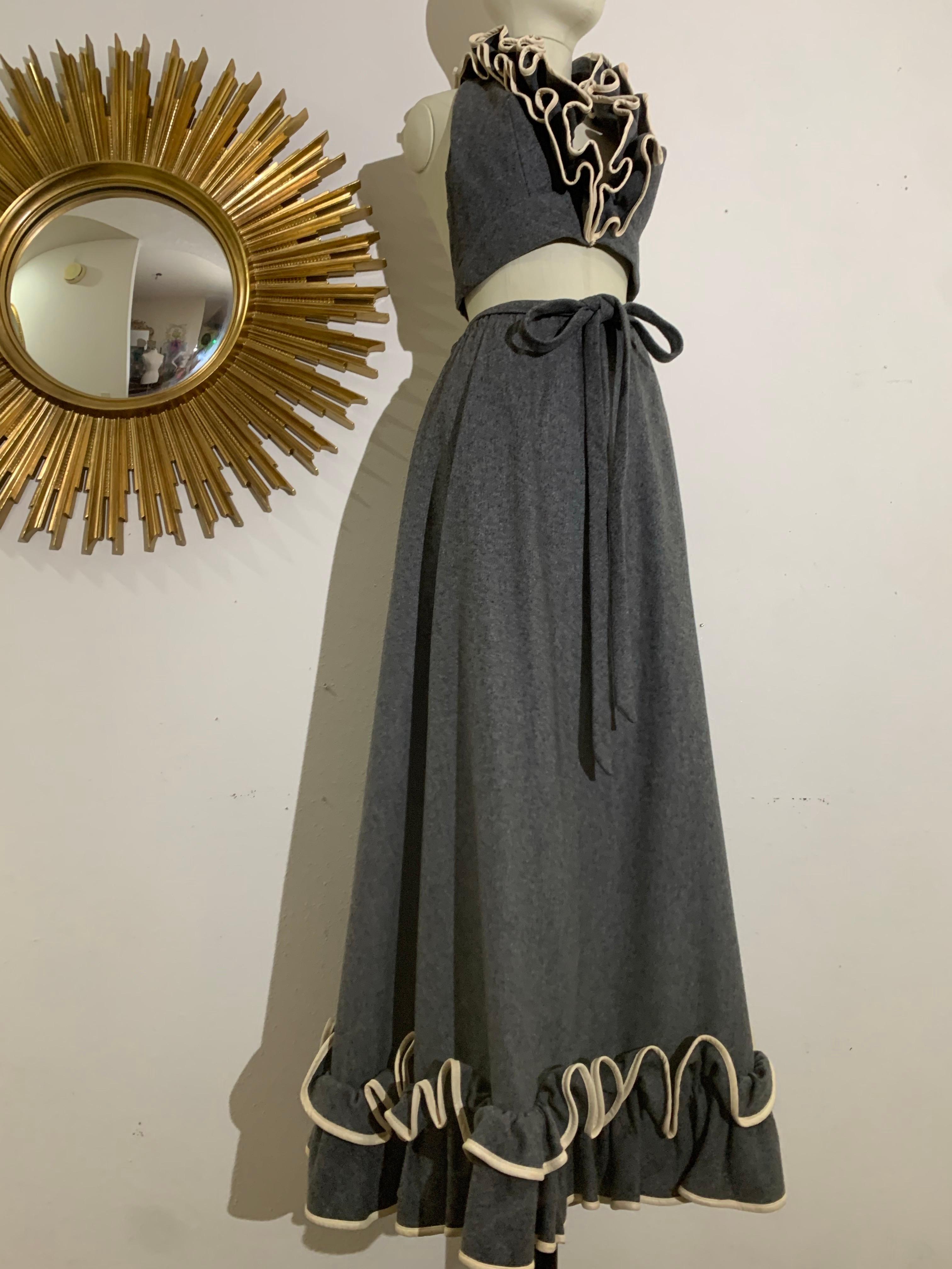 Black 1970s Anne Fogarty Grey Wool Flannel Ruffled Halter Crop Top & Maxi Skirt For Sale