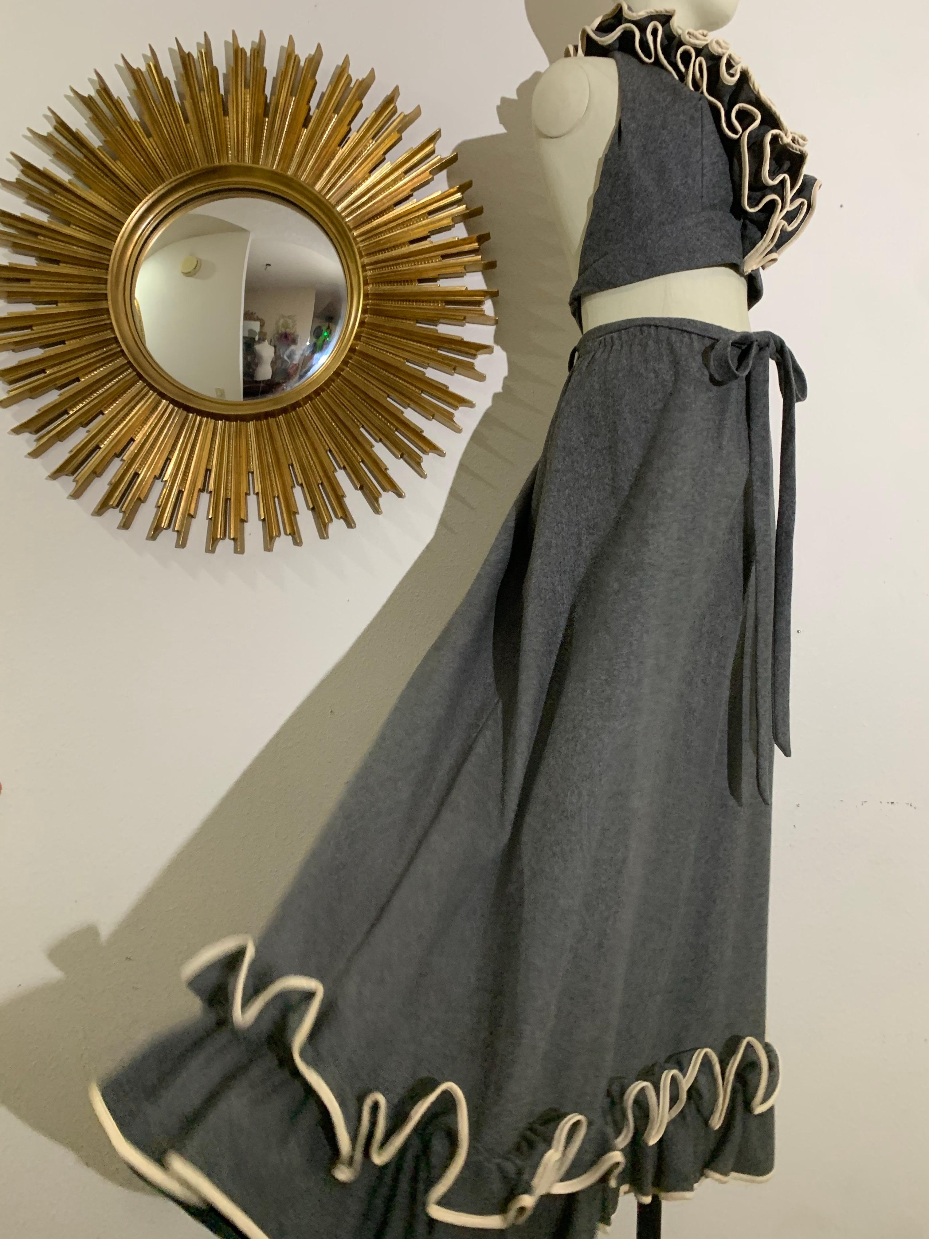 Women's 1970s Anne Fogarty Grey Wool Flannel Ruffled Halter Crop Top & Maxi Skirt For Sale