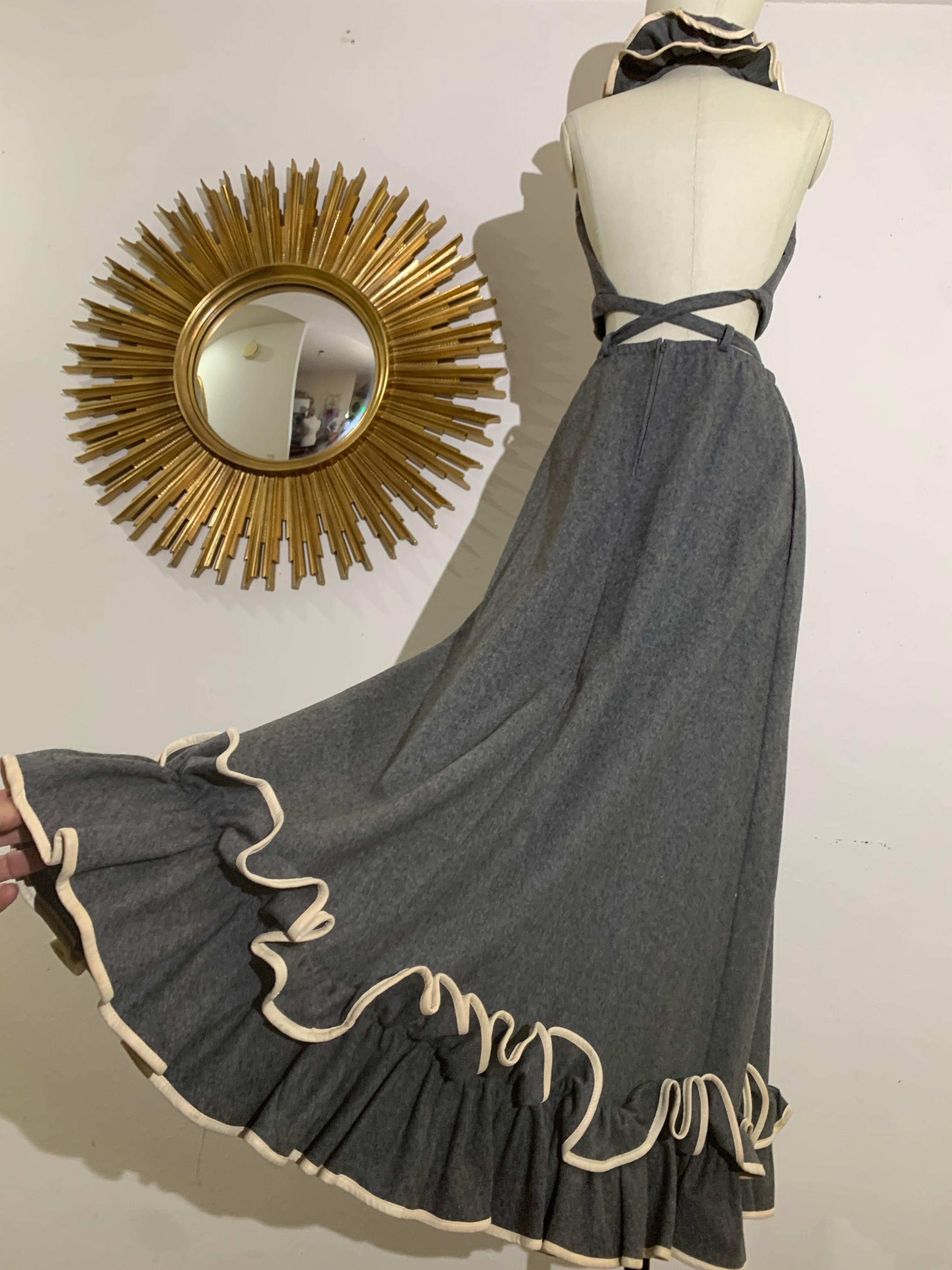 1970s Anne Fogarty Grey Wool Flannel Ruffled Halter Crop Top & Maxi Skirt For Sale 1
